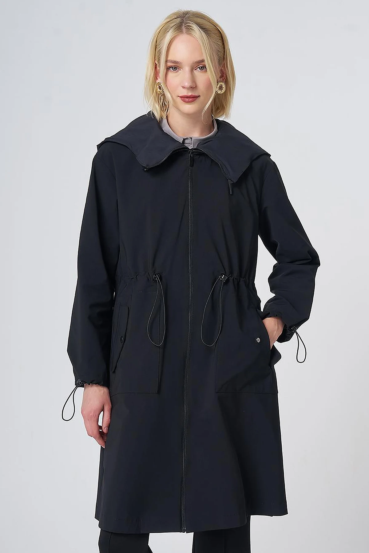 Wide Collar Belted Drawstring Trench Coat – Black