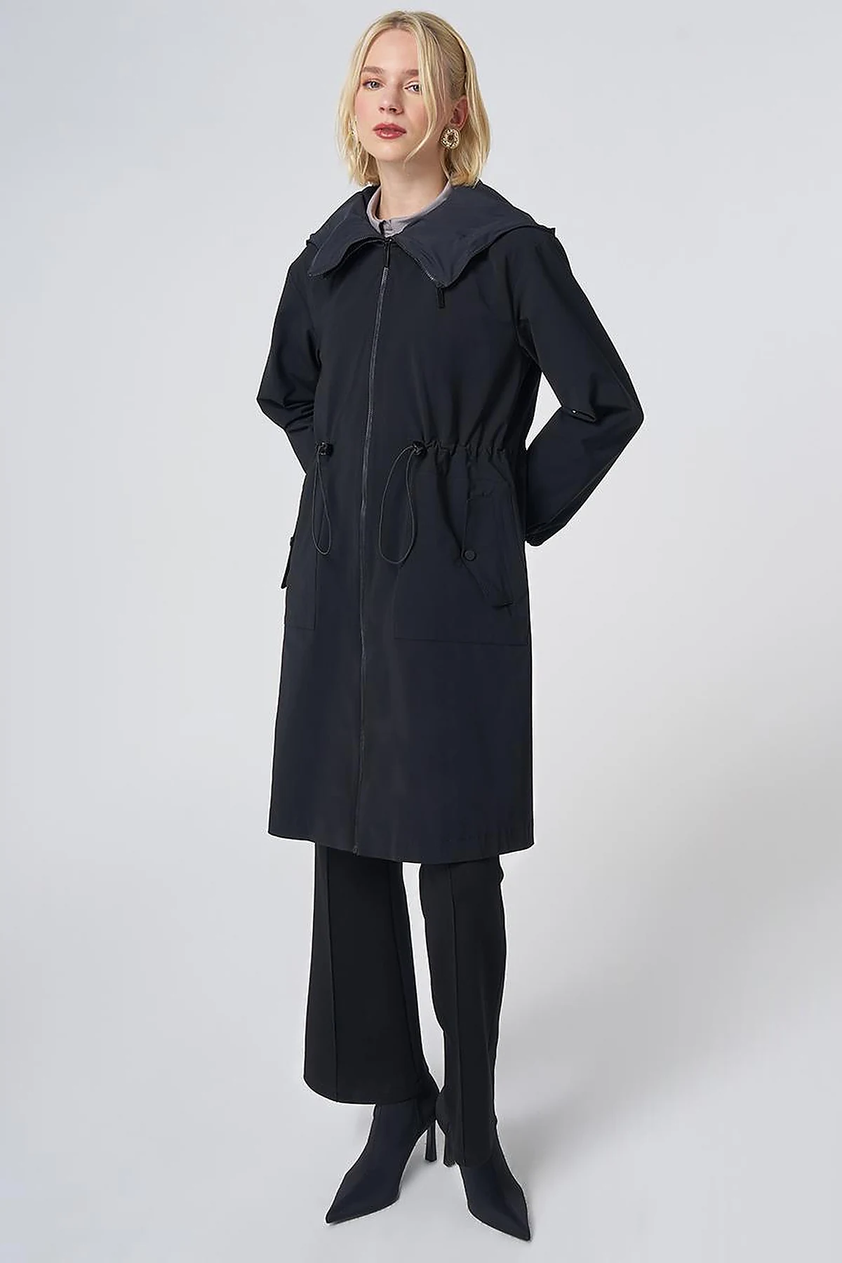 Wide Collar Belted Drawstring Trench Coat – Black
