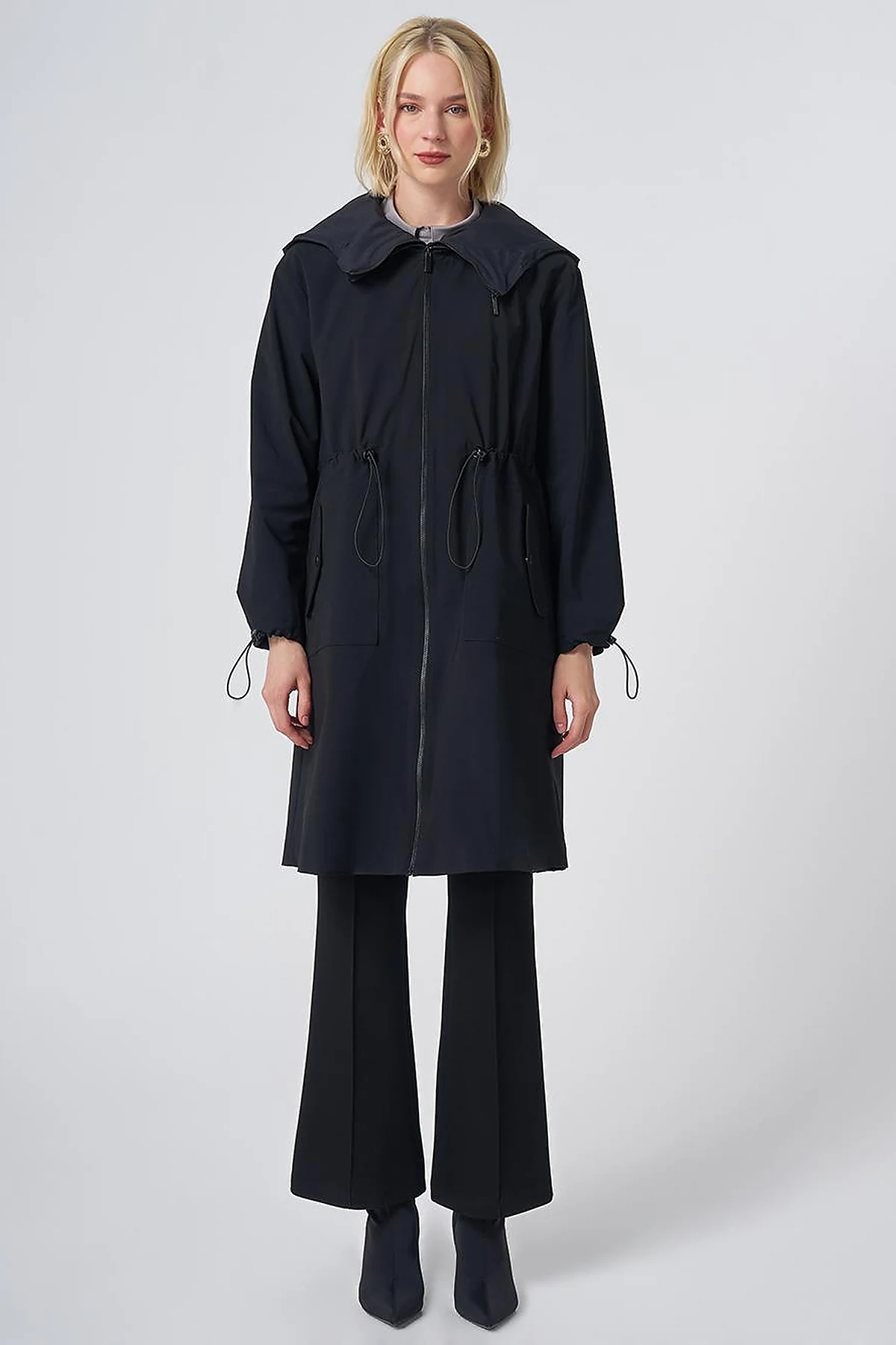 Wide Collar Belted Drawstring Trench Coat – Black