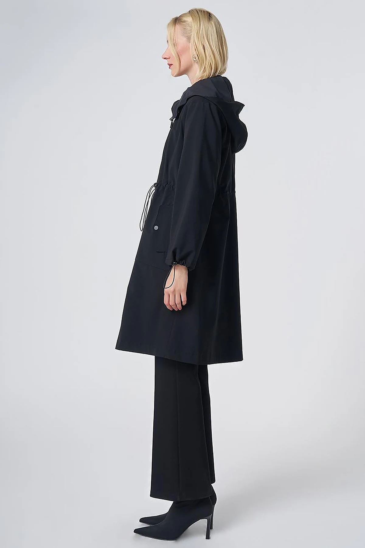 Wide Collar Belted Drawstring Trench Coat – Black