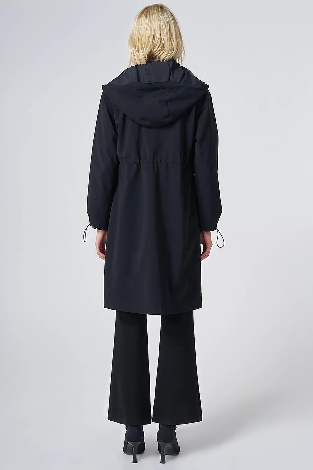 Wide Collar Belted Drawstring Trench Coat – Black