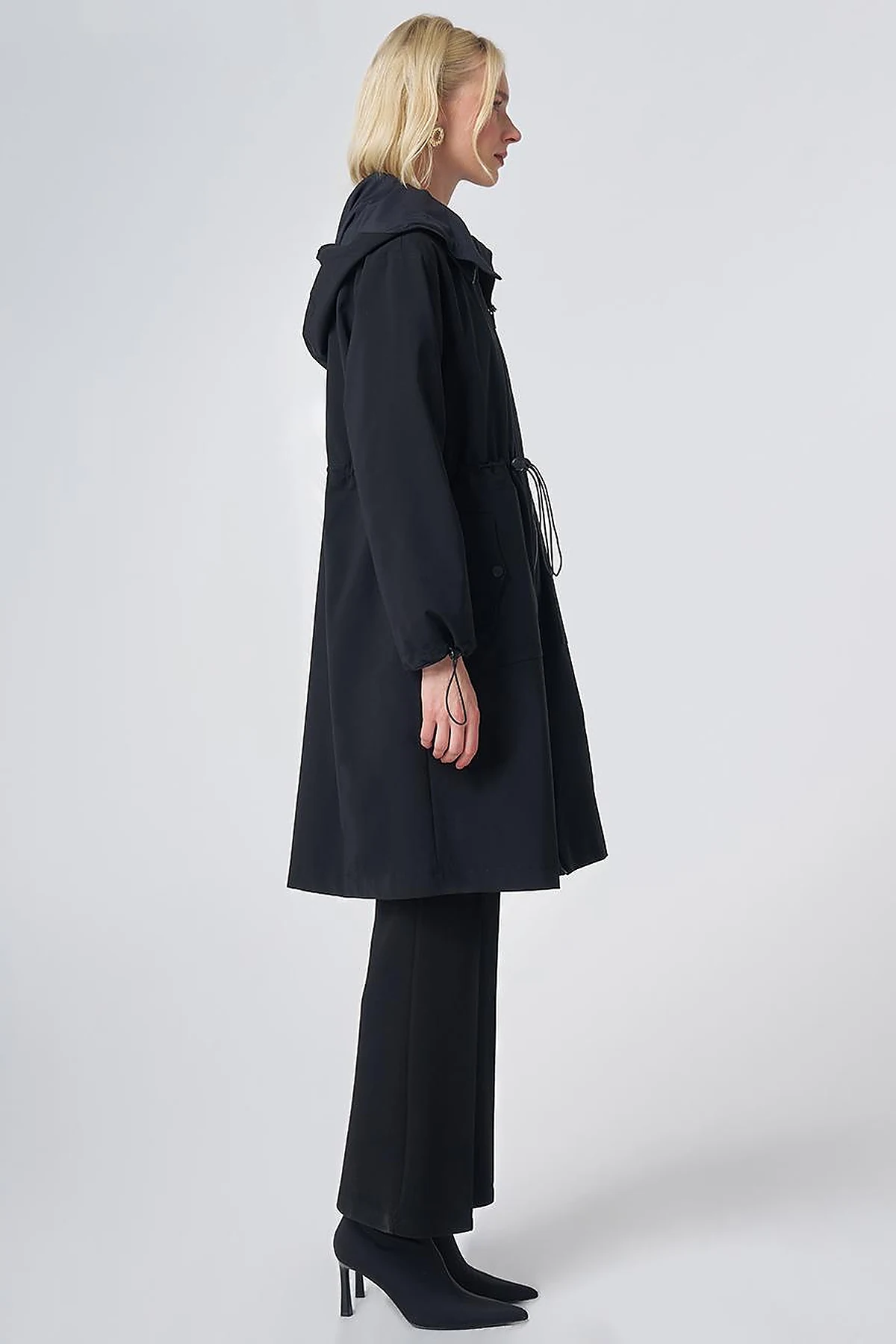 Wide Collar Belted Drawstring Trench Coat – Black