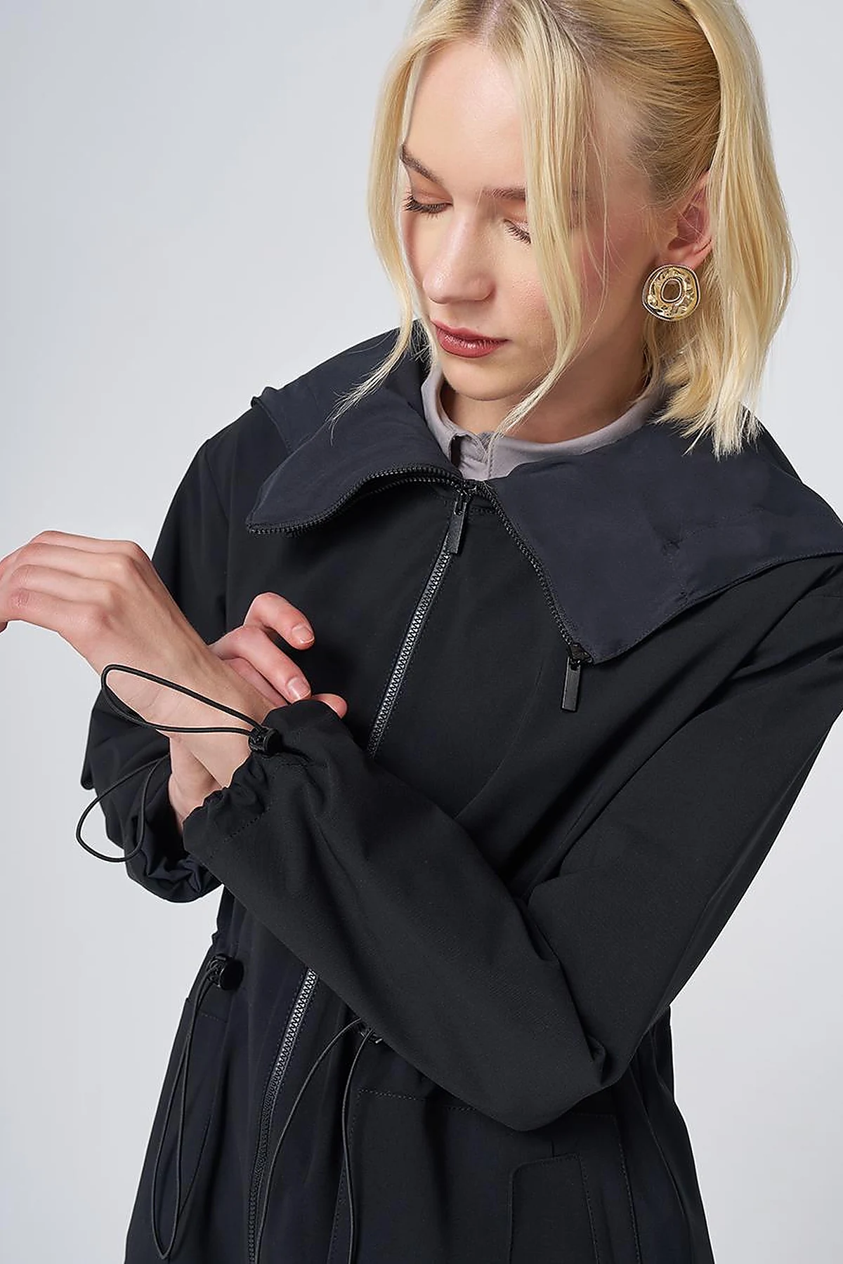 Wide Collar Belted Drawstring Trench Coat – Black