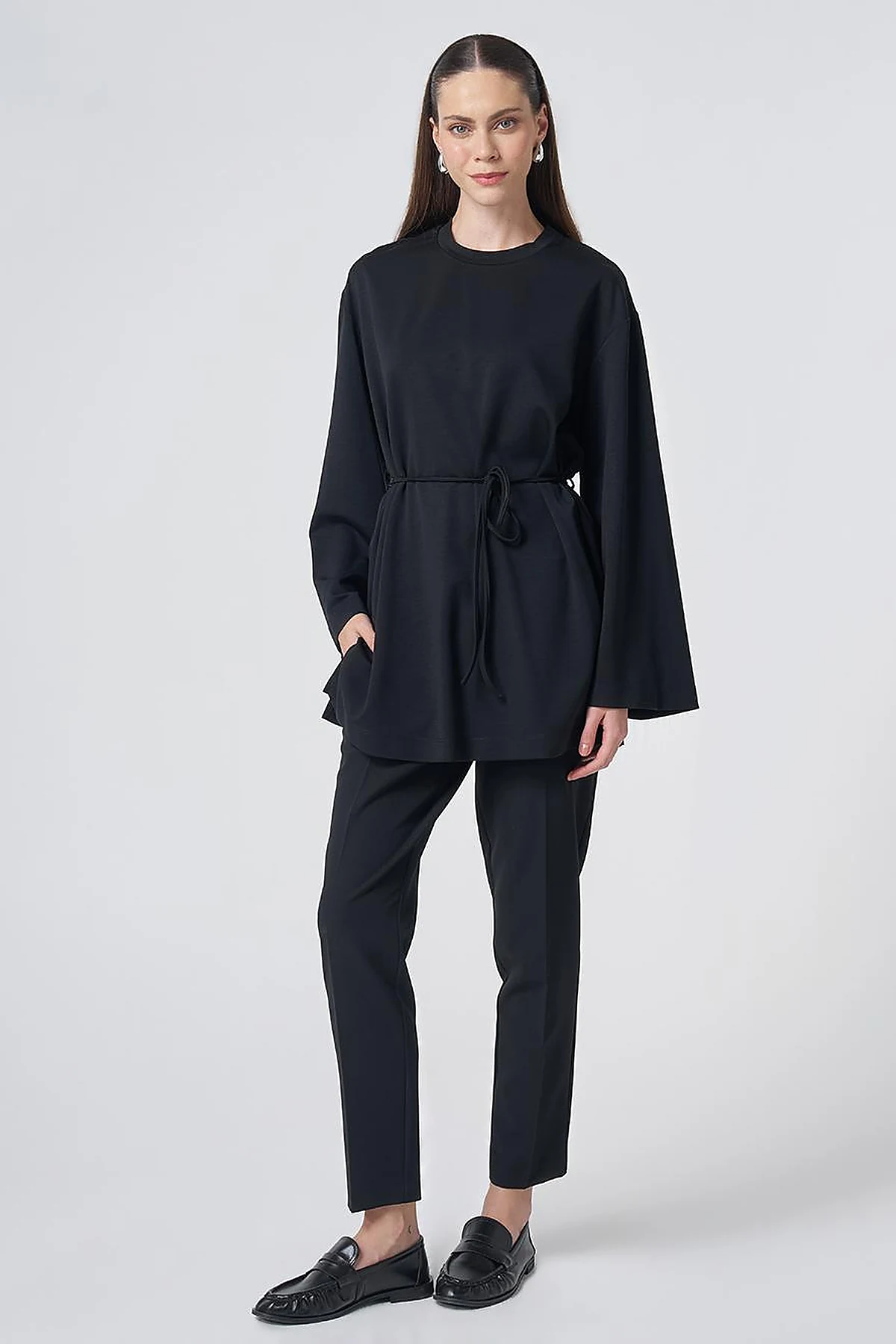 Drawstring Belt Modal Sweatshirt – Black