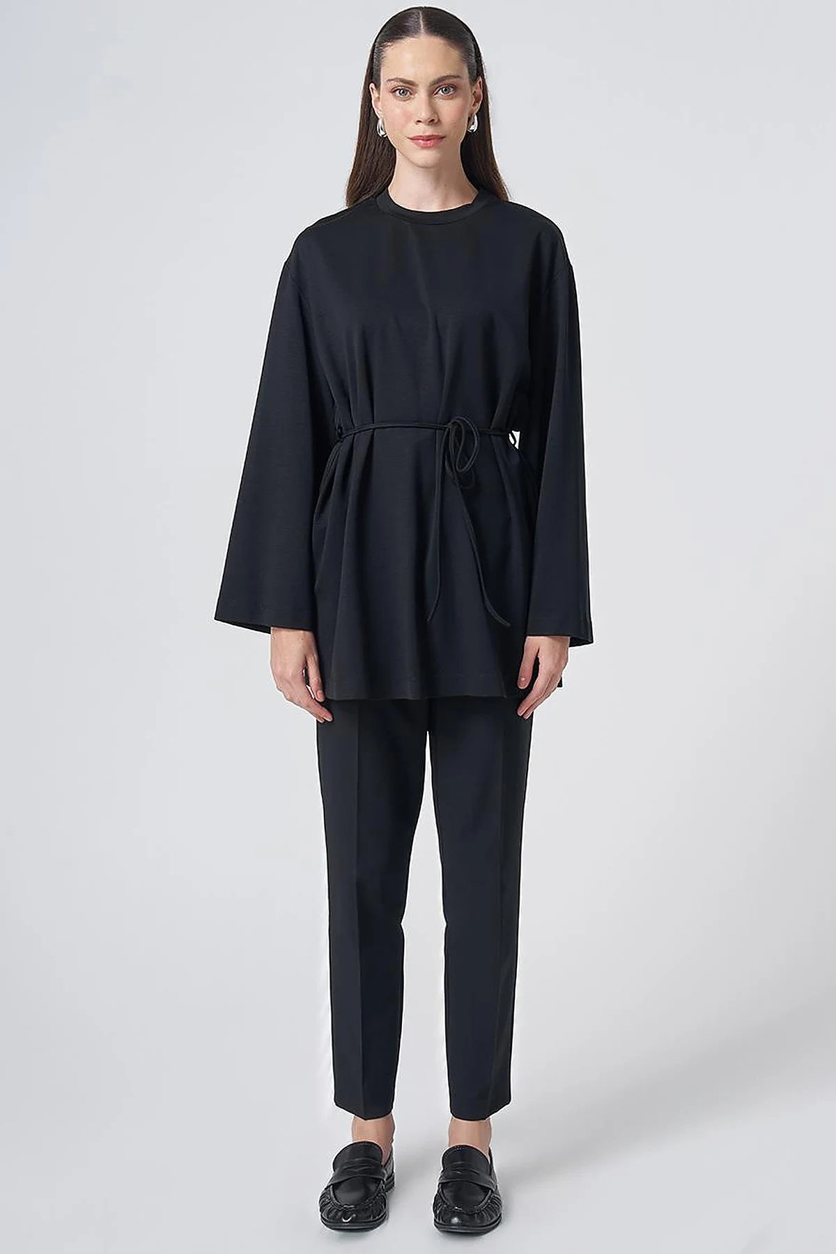 Drawstring Belt Modal Sweatshirt – Black