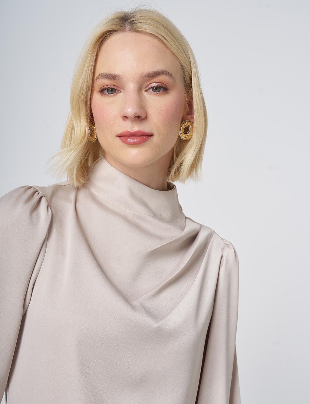 Stand Collar Satin Blouse – Stone