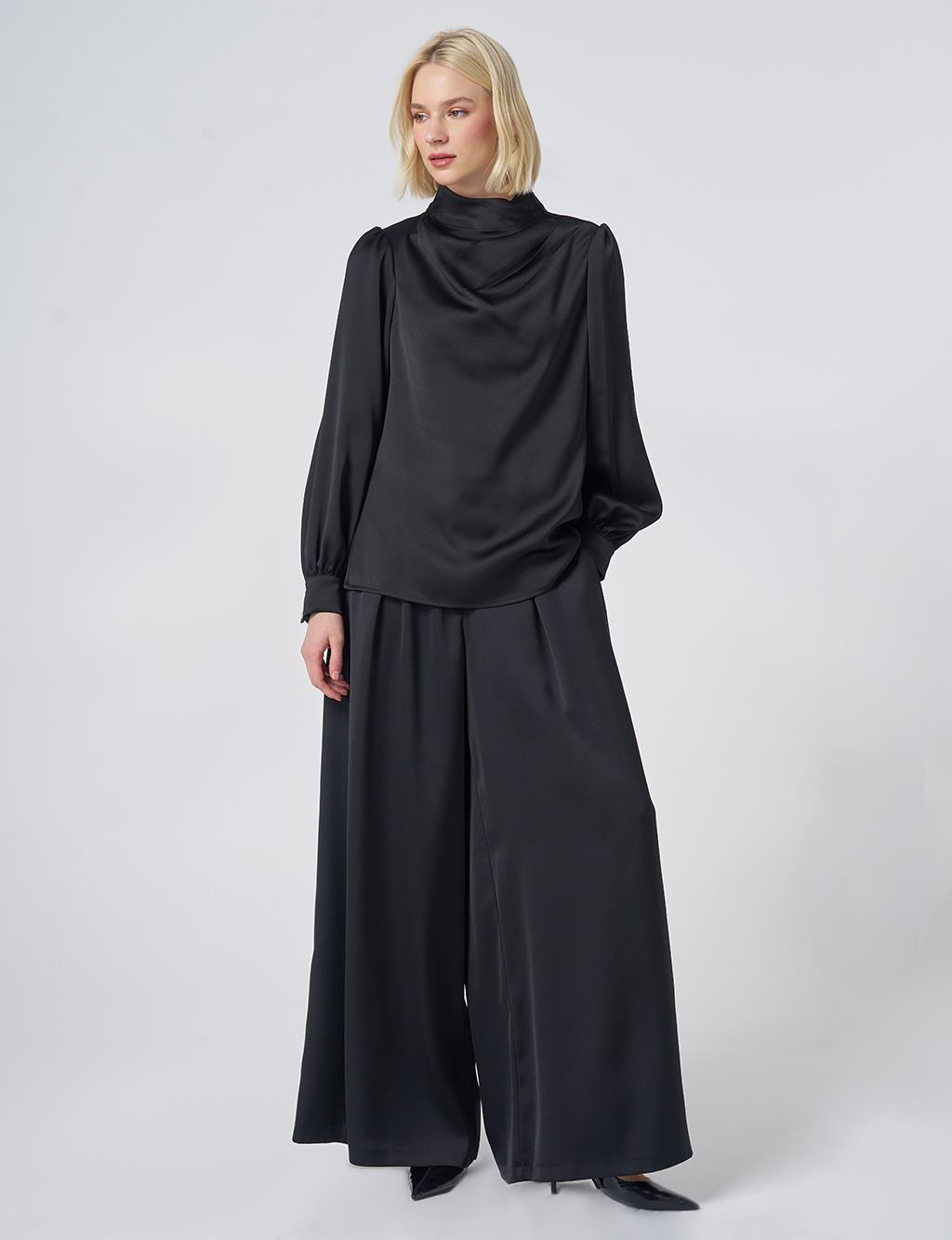 Stand Collar Satin Blouse – Black