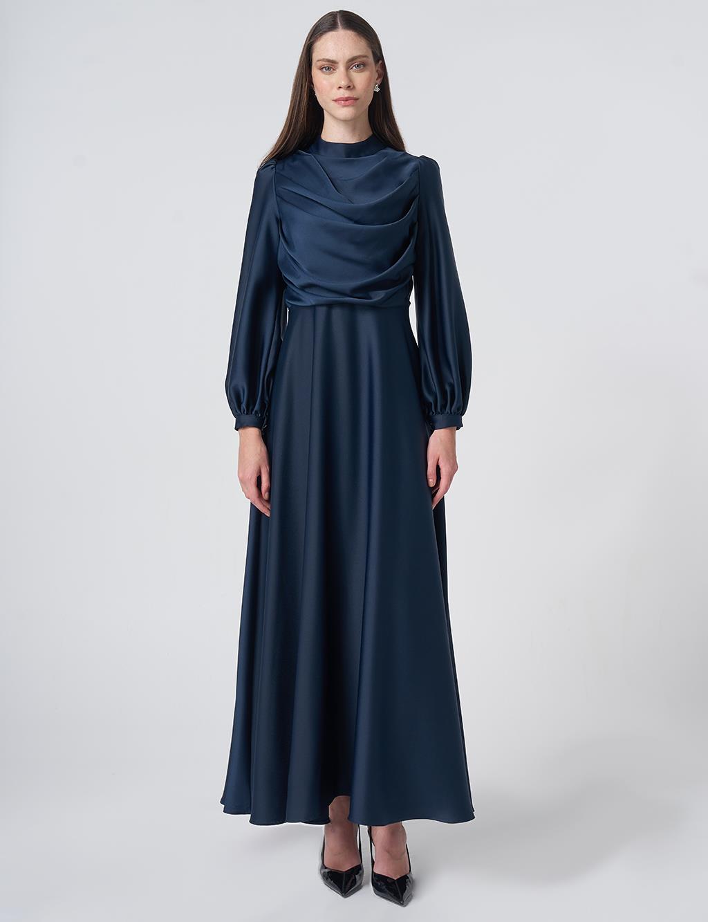 Cowl Neck Satin Dress – Dark Navy