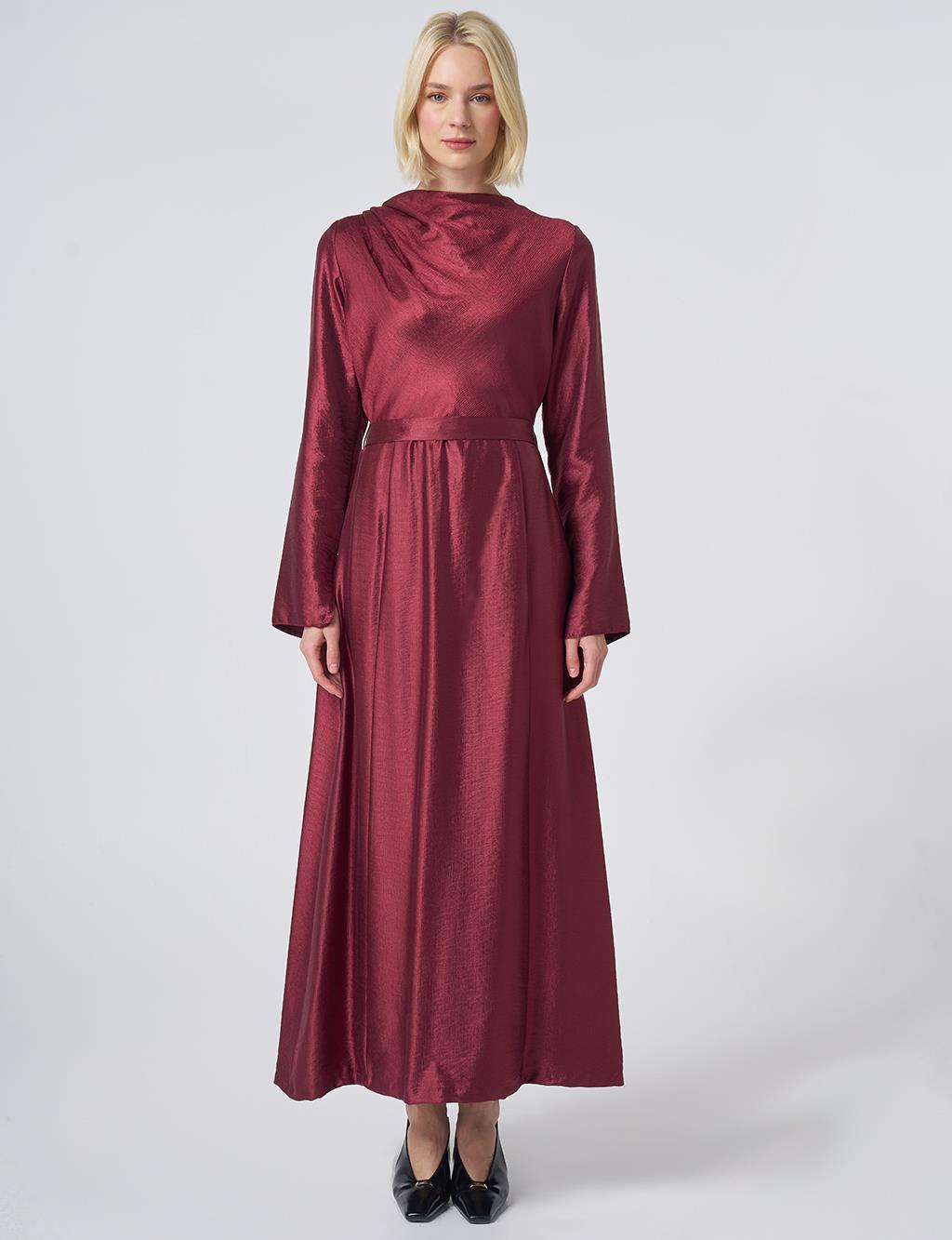 Belted Satin Dress – Burgundy