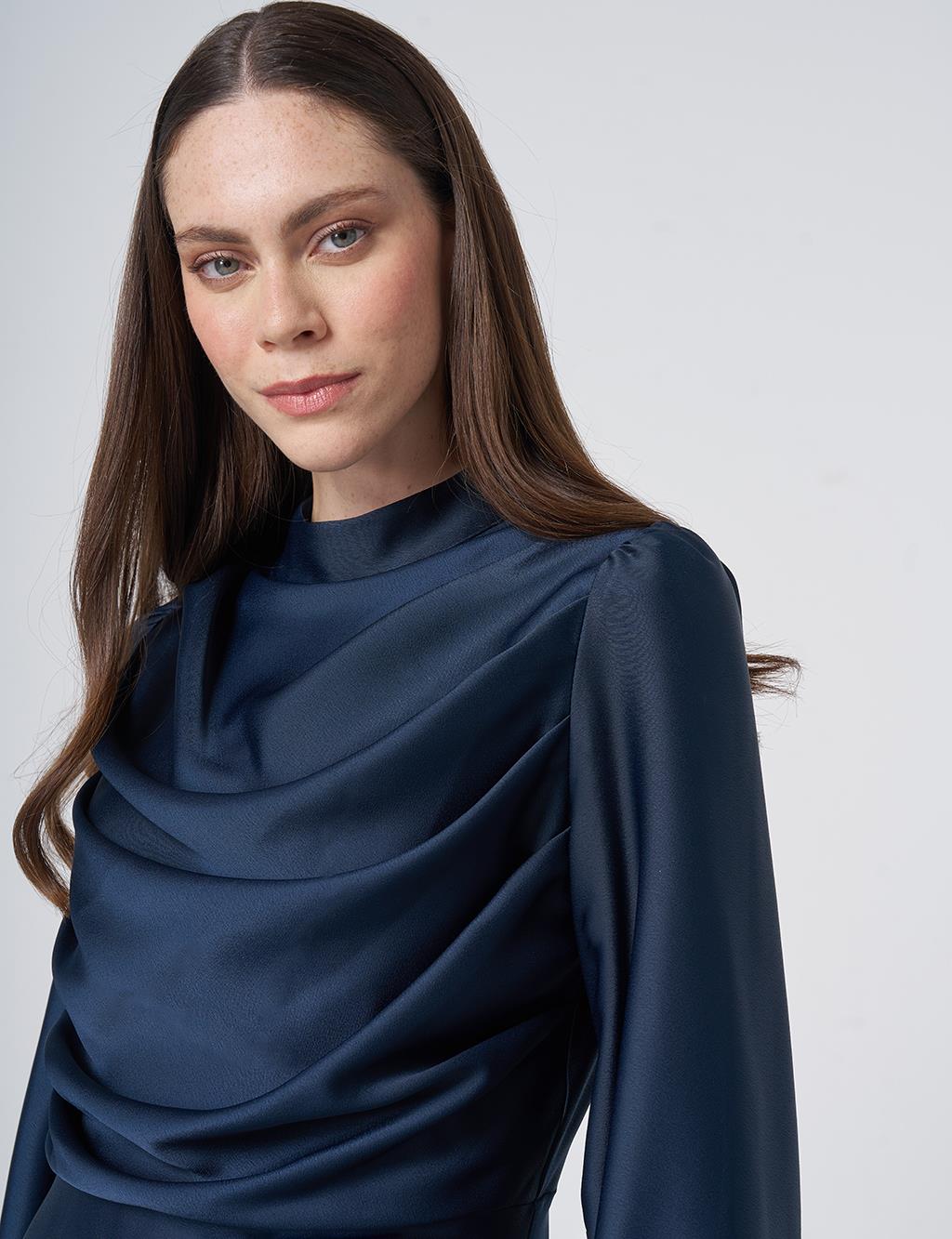 Cowl Neck Satin Dress – Dark Navy