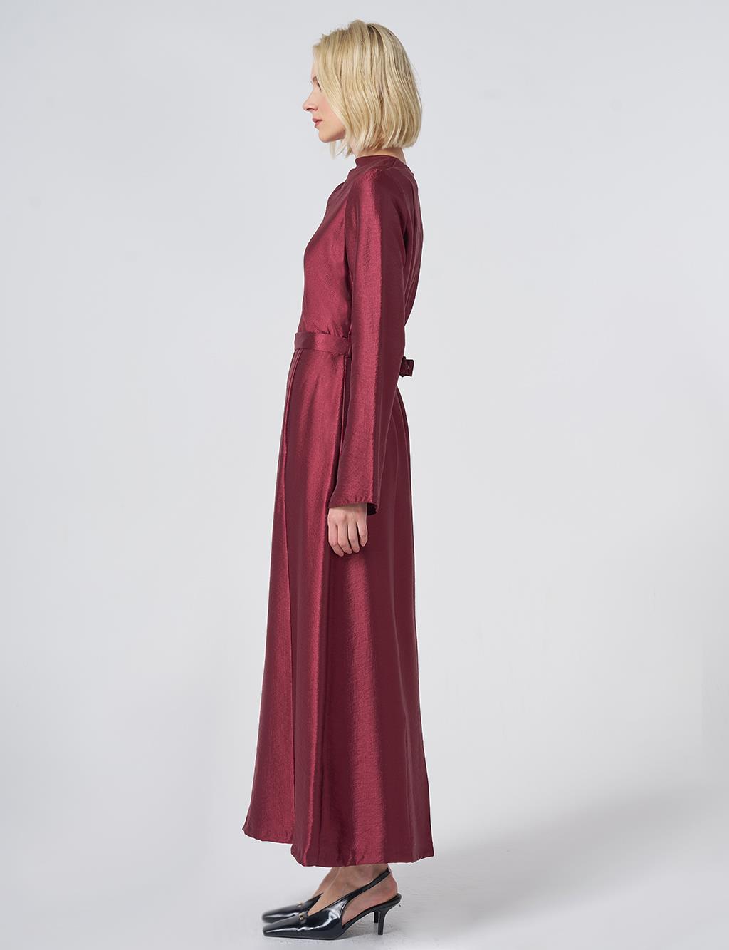 Belted Satin Dress – Burgundy