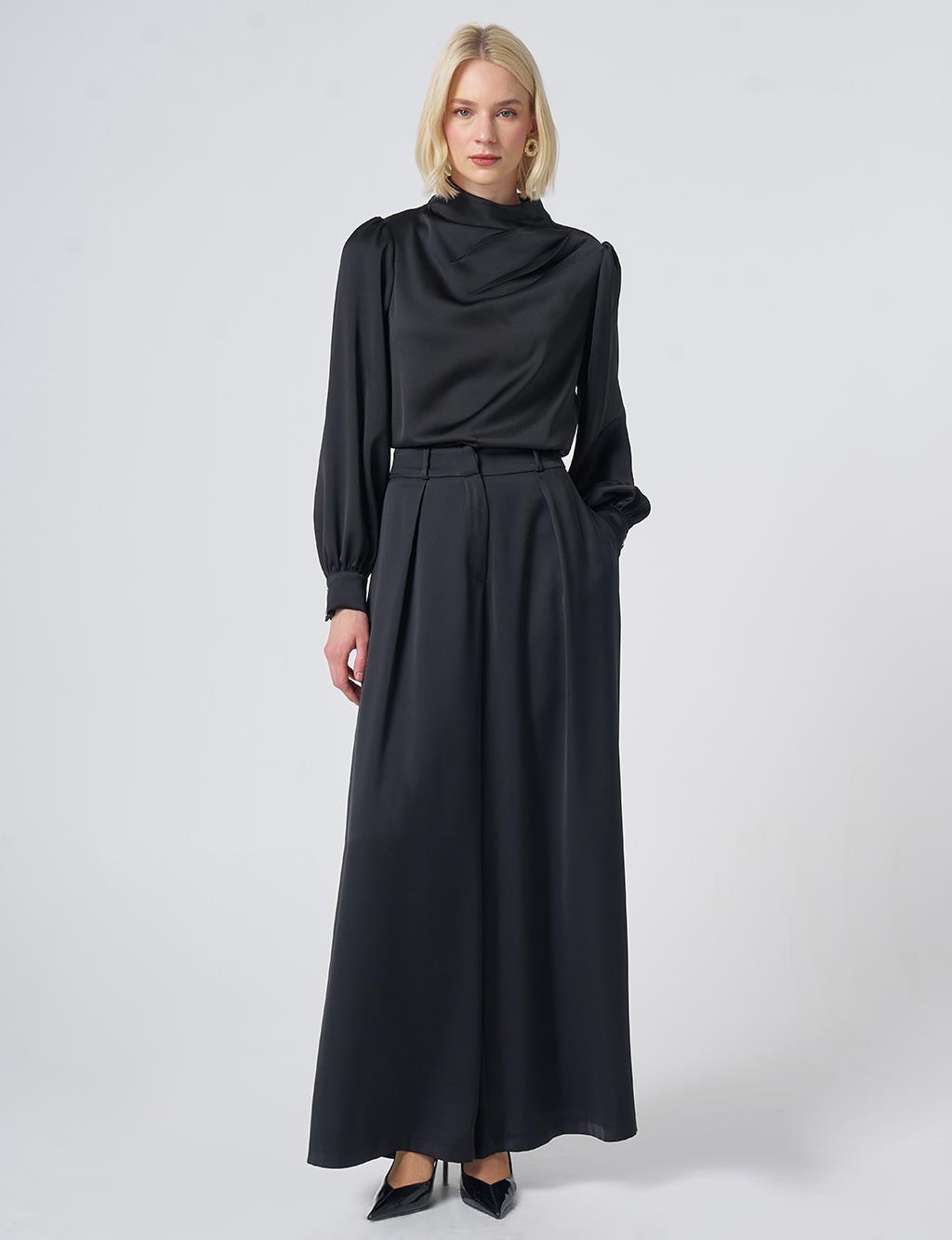 Pleated Satin Trousers – Black