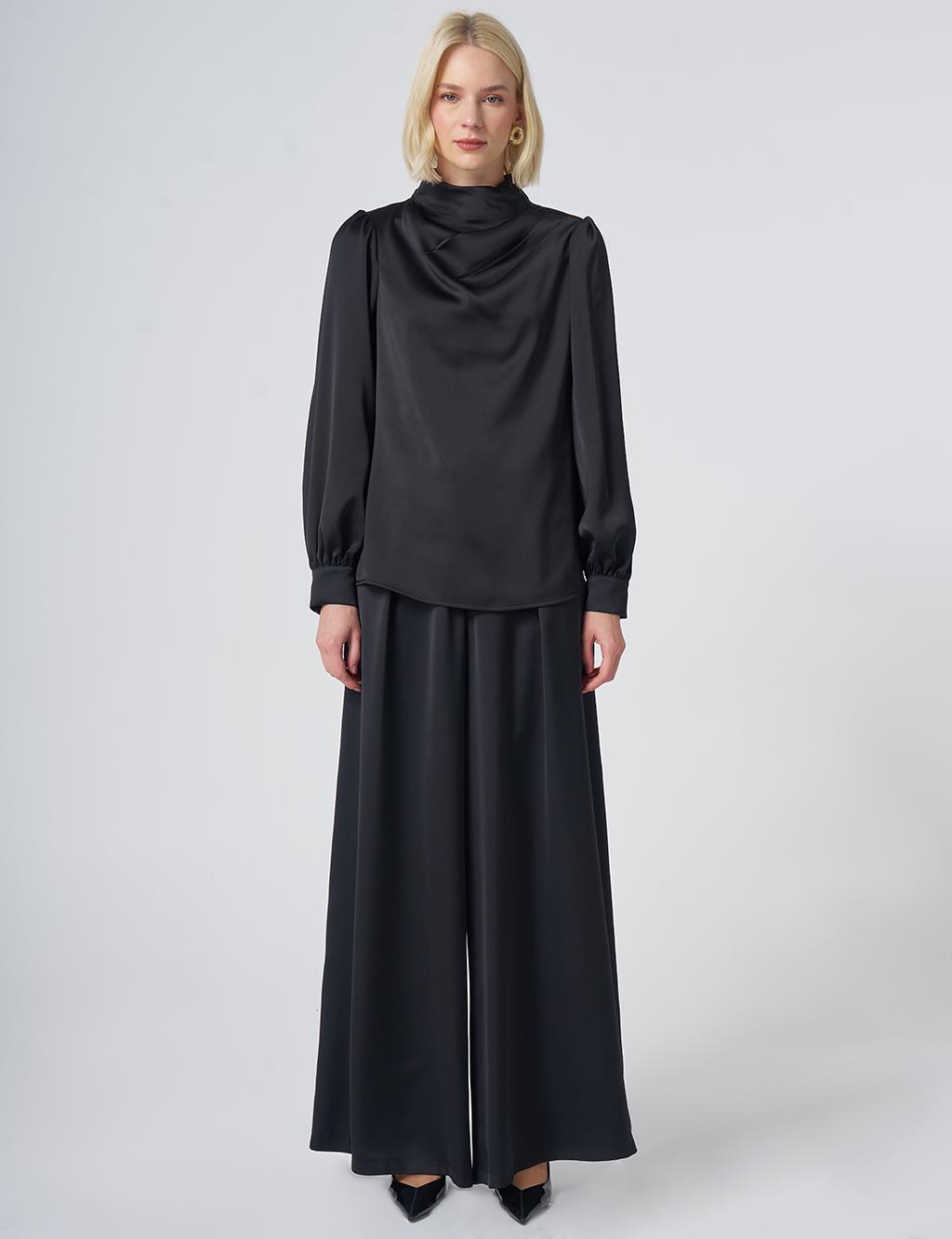 Stand Collar Satin Blouse – Black