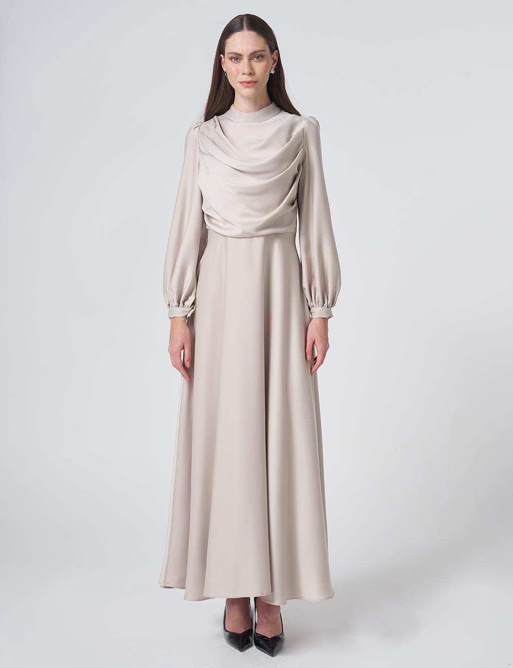 Cowl Neck Satin Dress – Stone