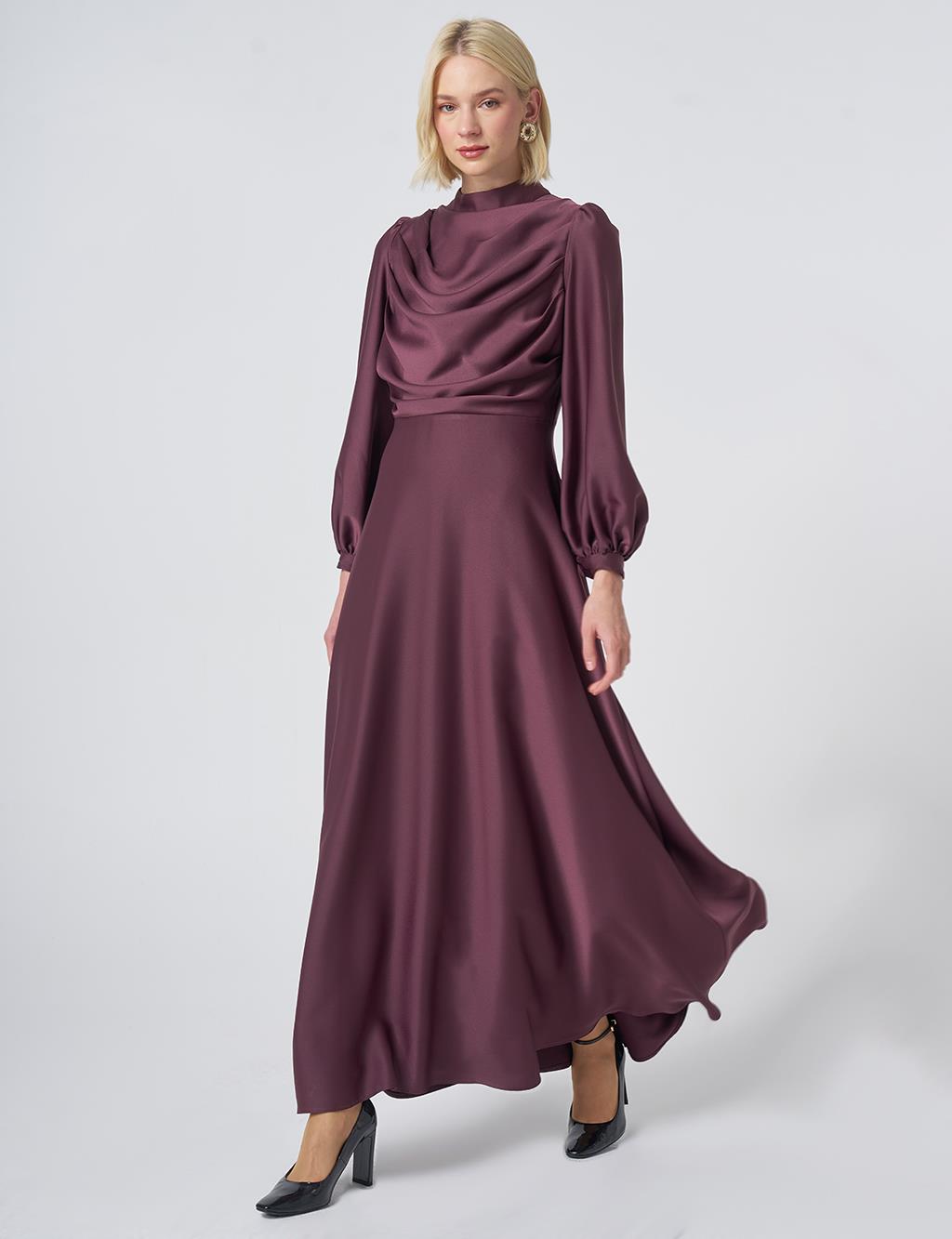 Cowl Neck Satin Dress – Cocoa Brown