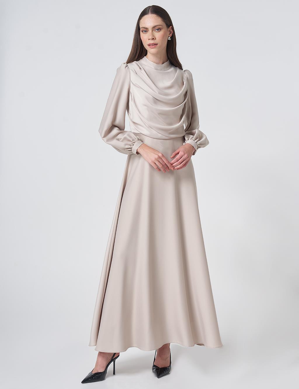 Cowl Neck Satin Dress – Stone