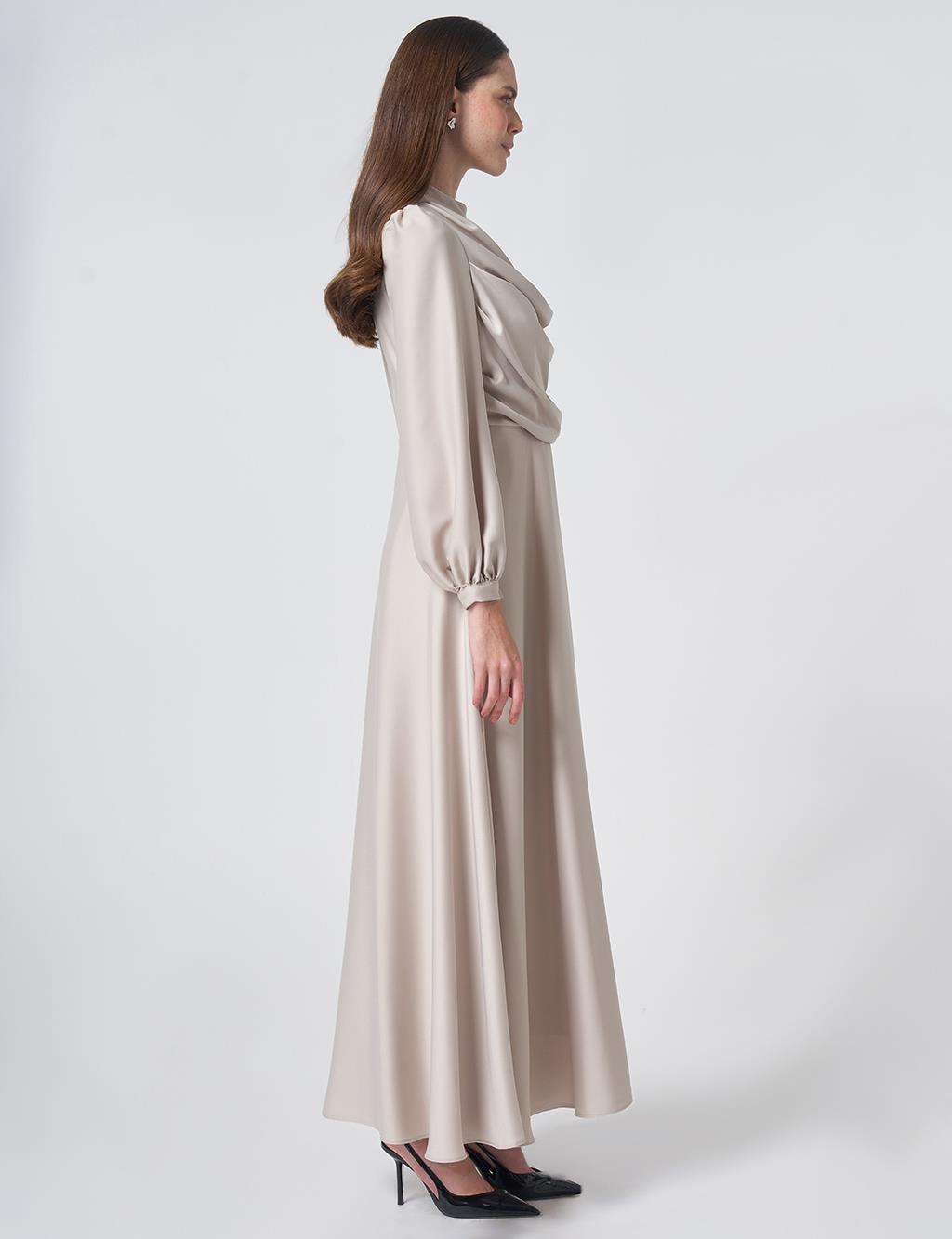 Cowl Neck Satin Dress – Stone