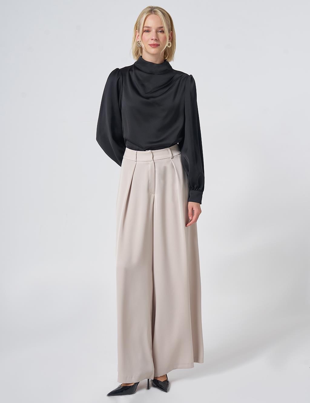 Pleated Satin Trousers – Stone