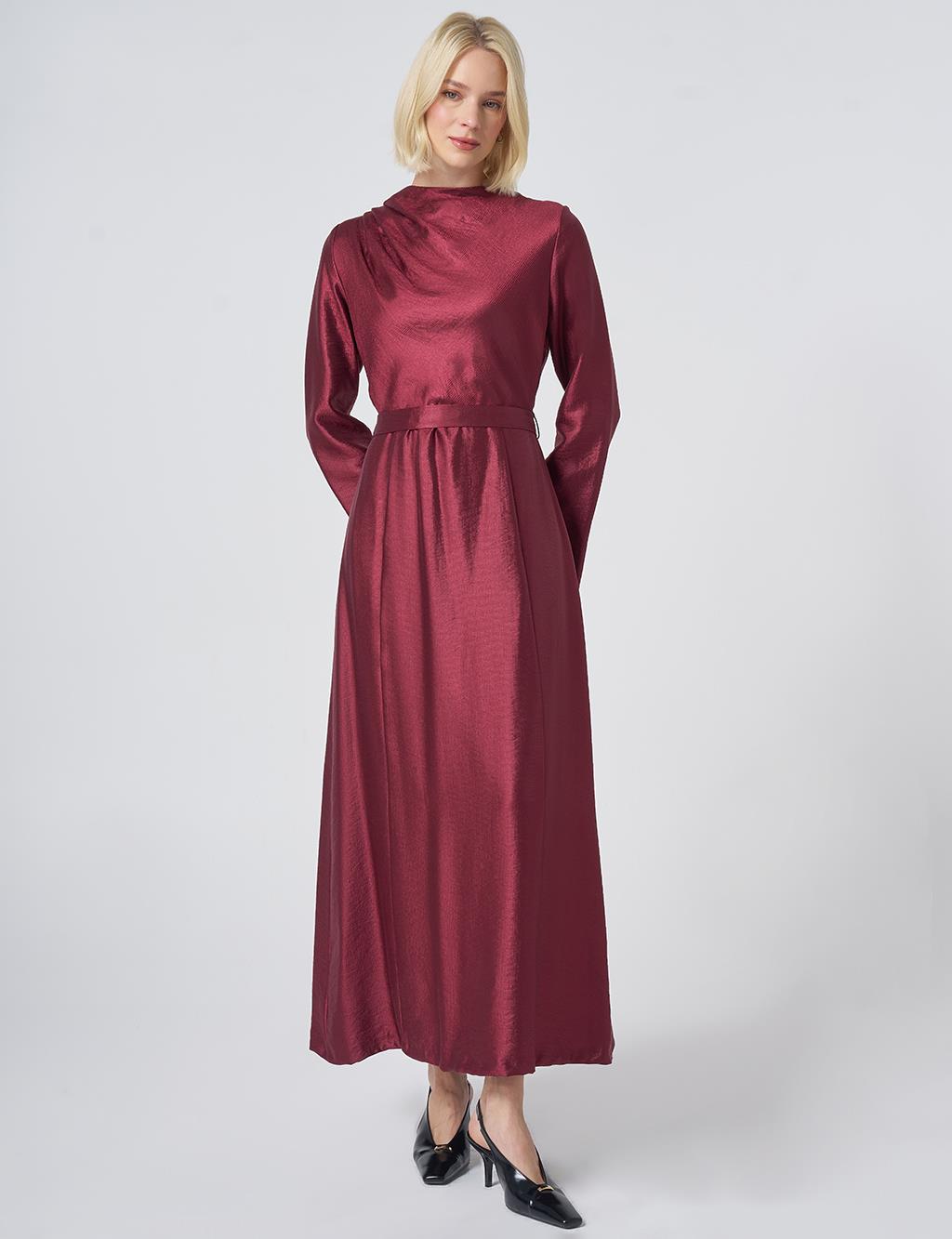 Belted Satin Dress – Burgundy