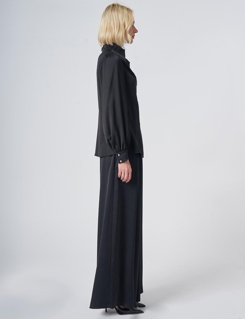 Stand Collar Satin Blouse – Black