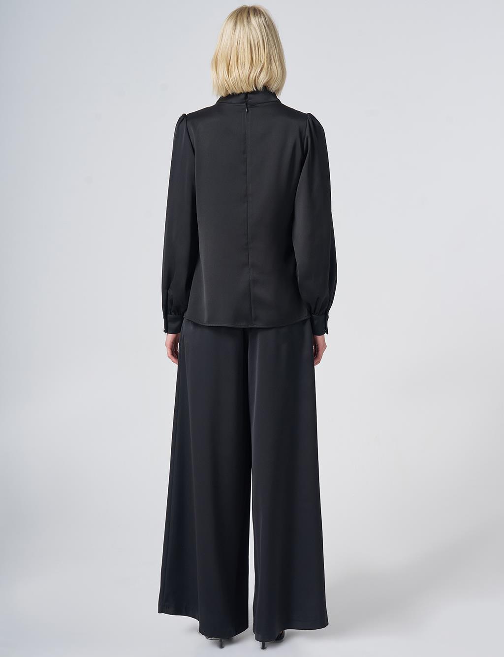 Stand Collar Satin Blouse – Black