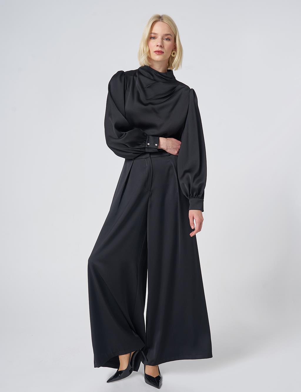 Pleated Satin Trousers – Black