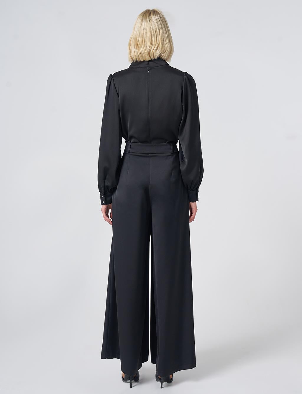 Pleated Satin Trousers – Black