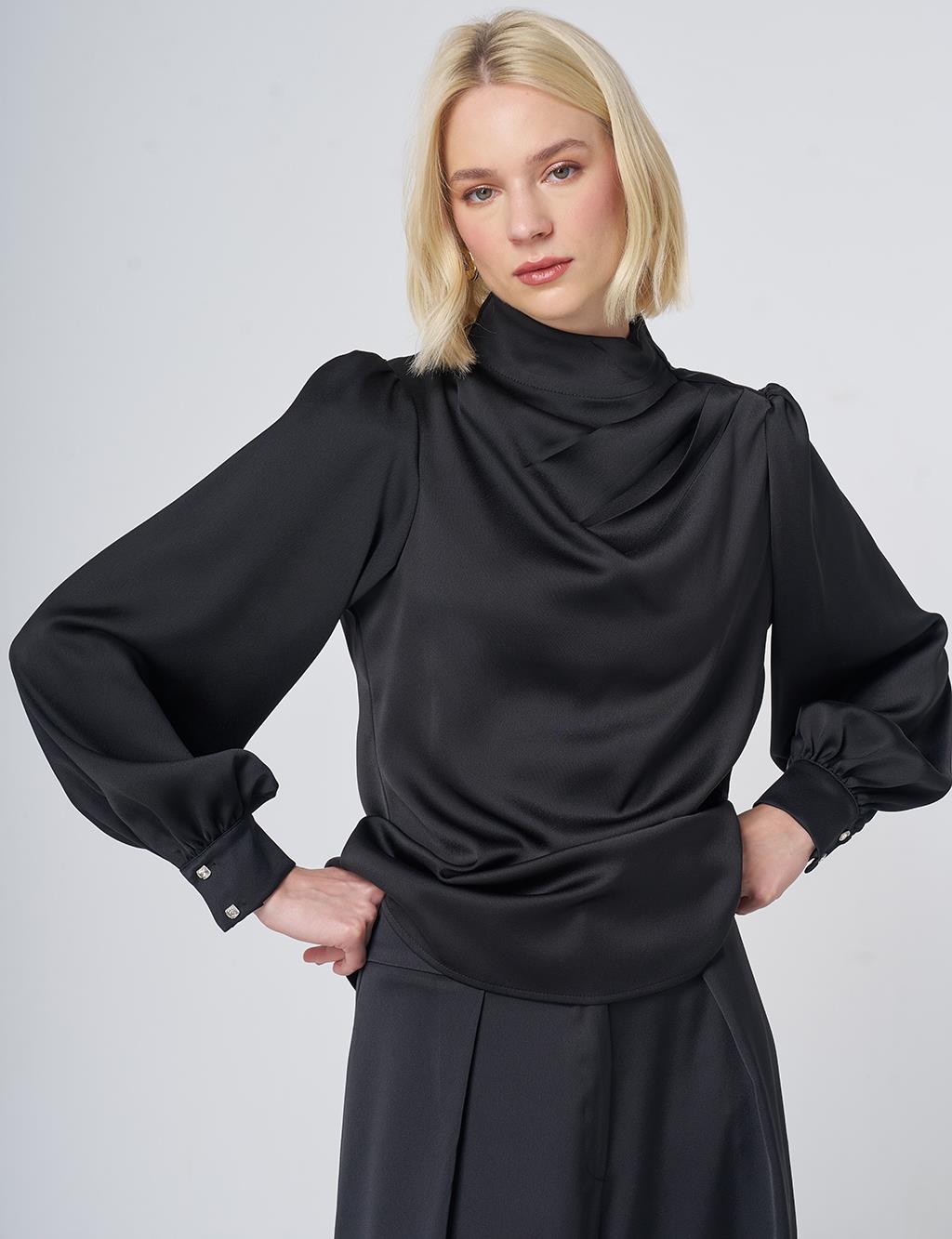 Stand Collar Satin Blouse – Black