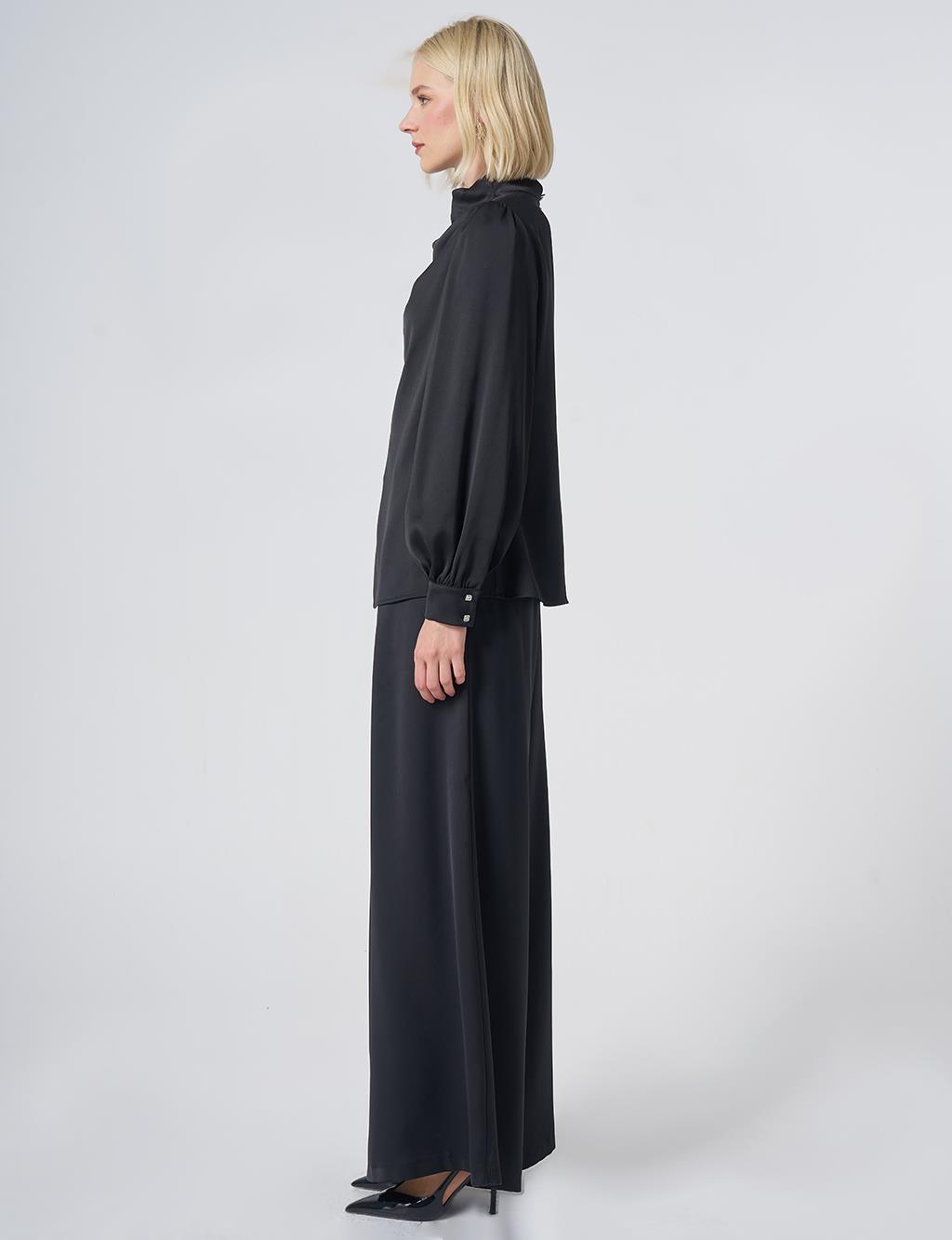 Stand Collar Satin Blouse – Black