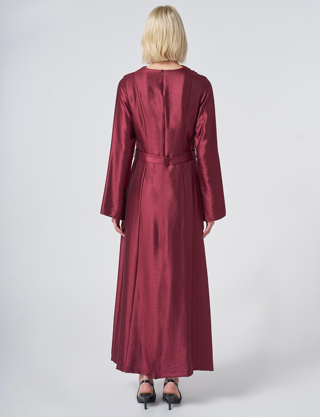 Belted Satin Dress – Burgundy
