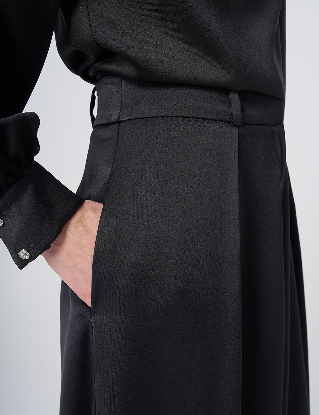 Pleated Satin Trousers – Black
