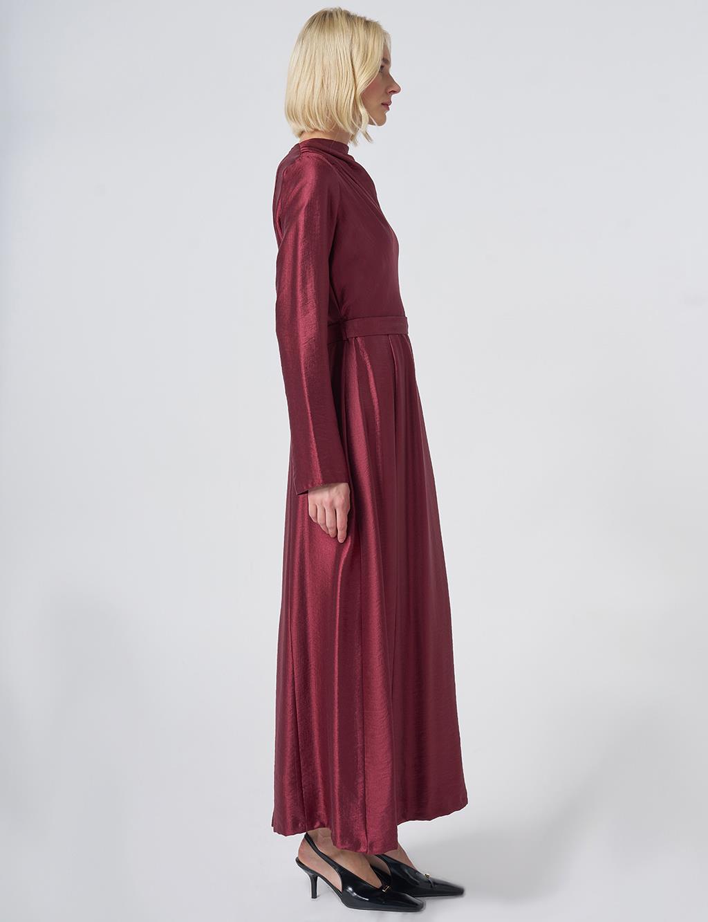 Belted Satin Dress – Burgundy