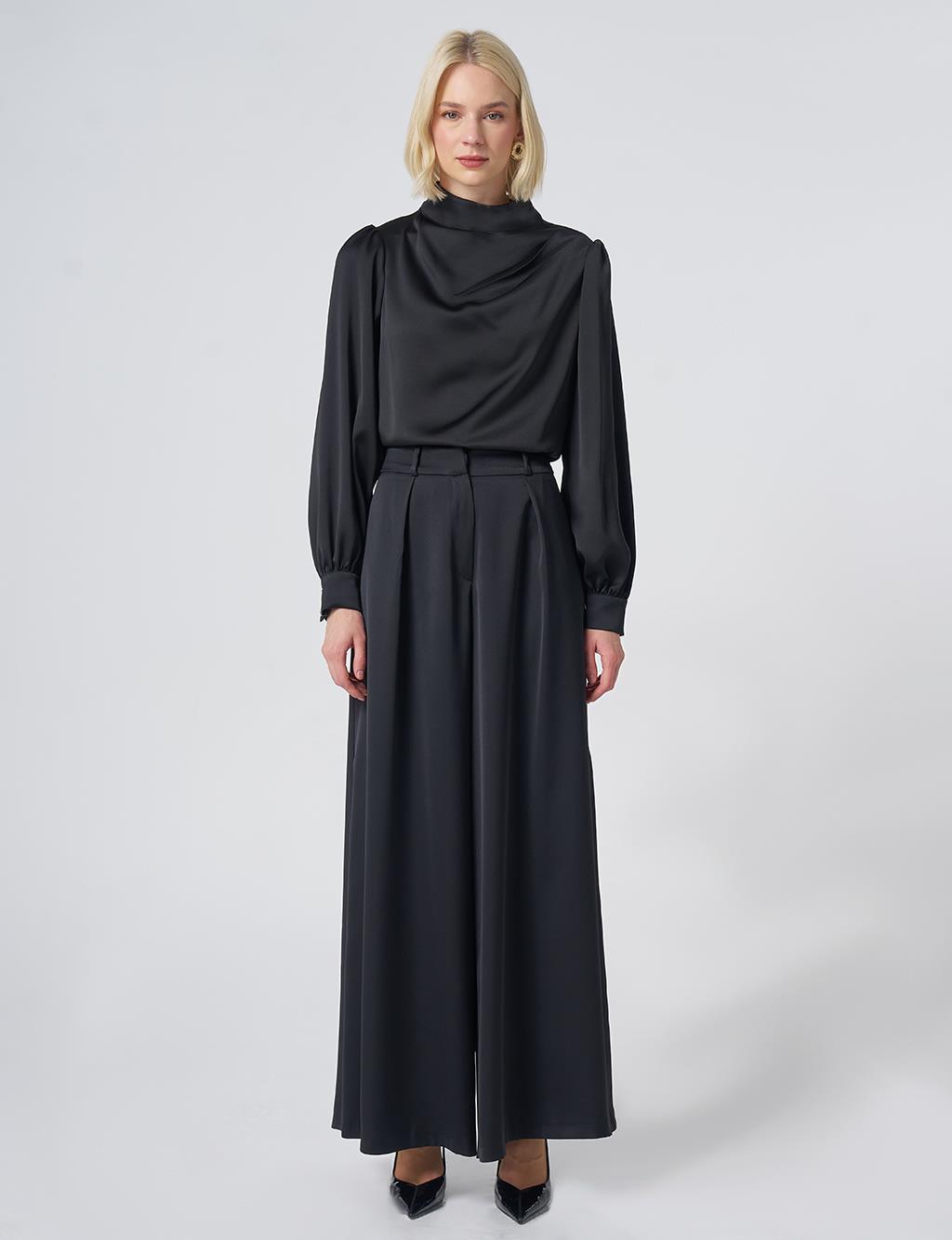 Pleated Satin Trousers – Black