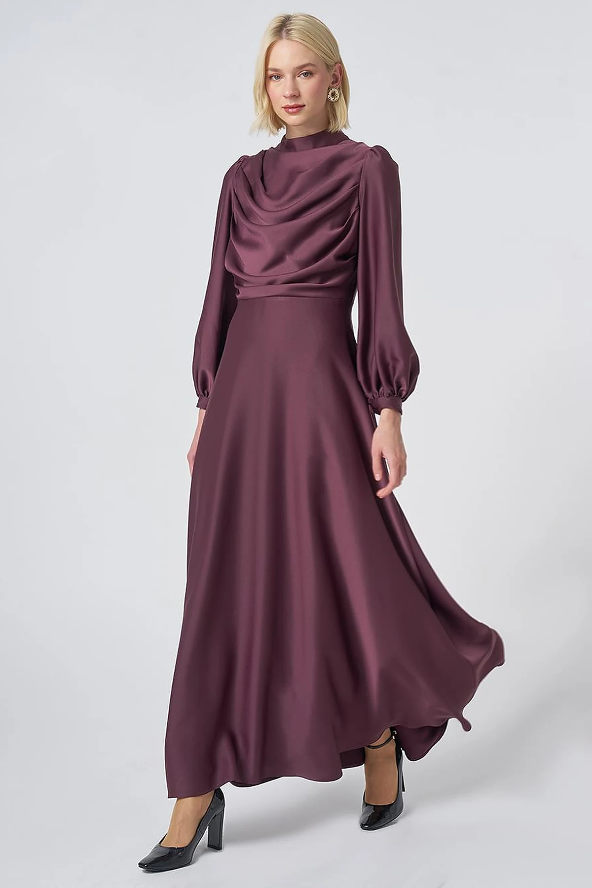 Cowl Neck Satin Dress – Cocoa Brown