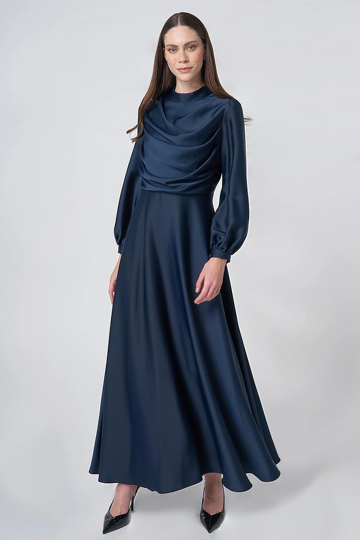 Cowl Neck Satin Dress – Dark Navy
