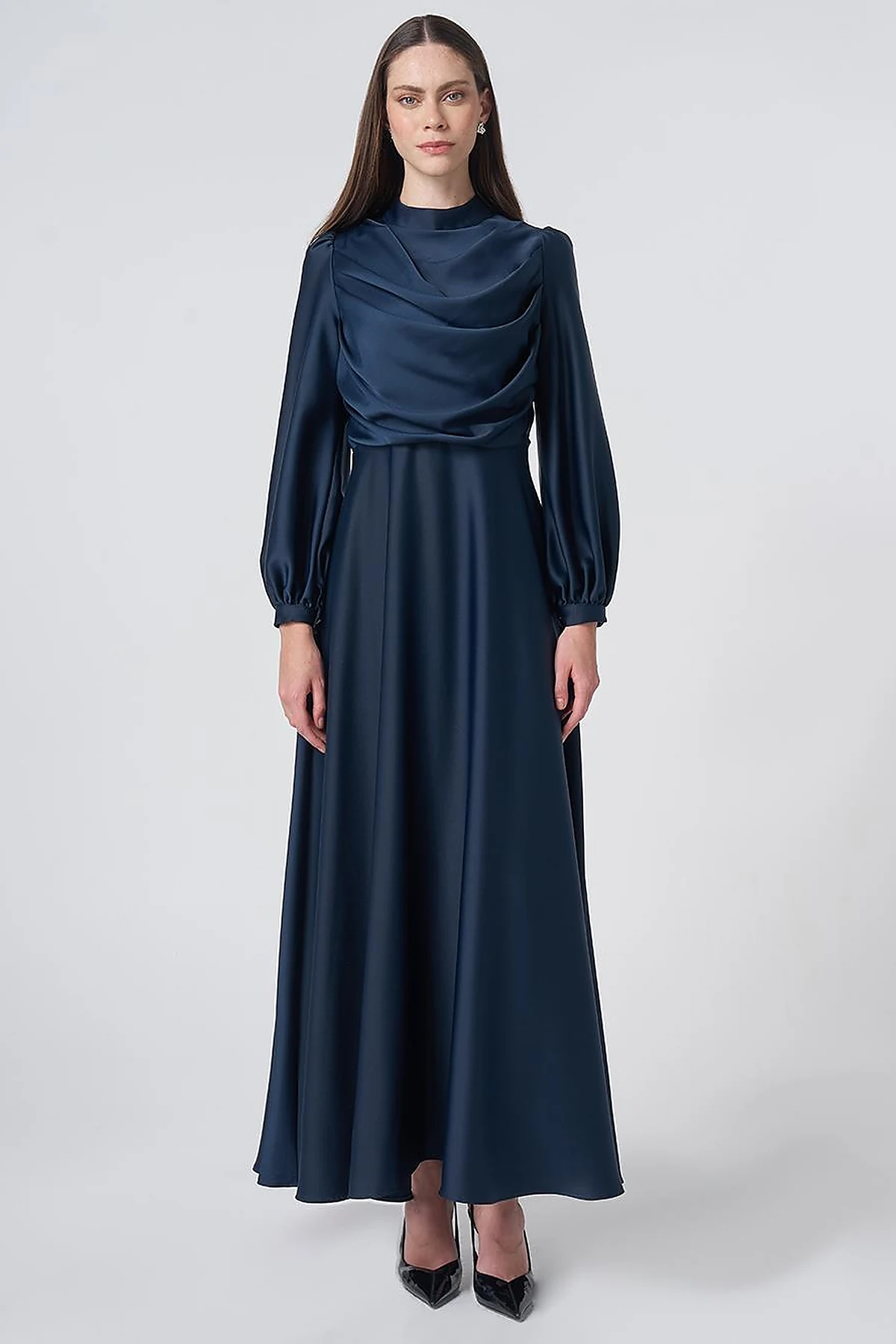 Cowl Neck Satin Dress – Dark Navy