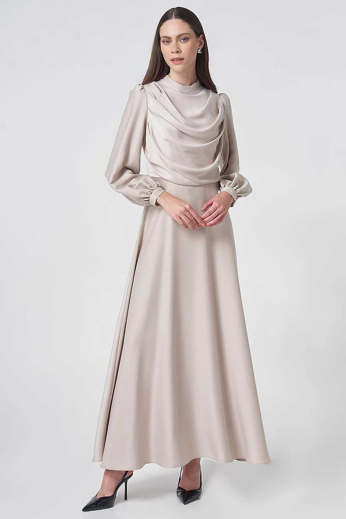 Cowl Neck Satin Dress – Stone