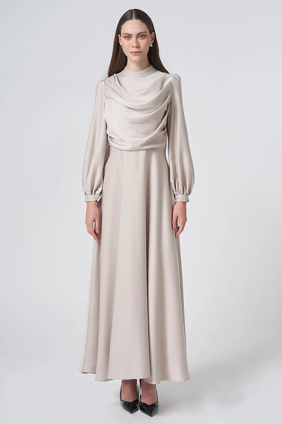 Cowl Neck Satin Dress – Stone