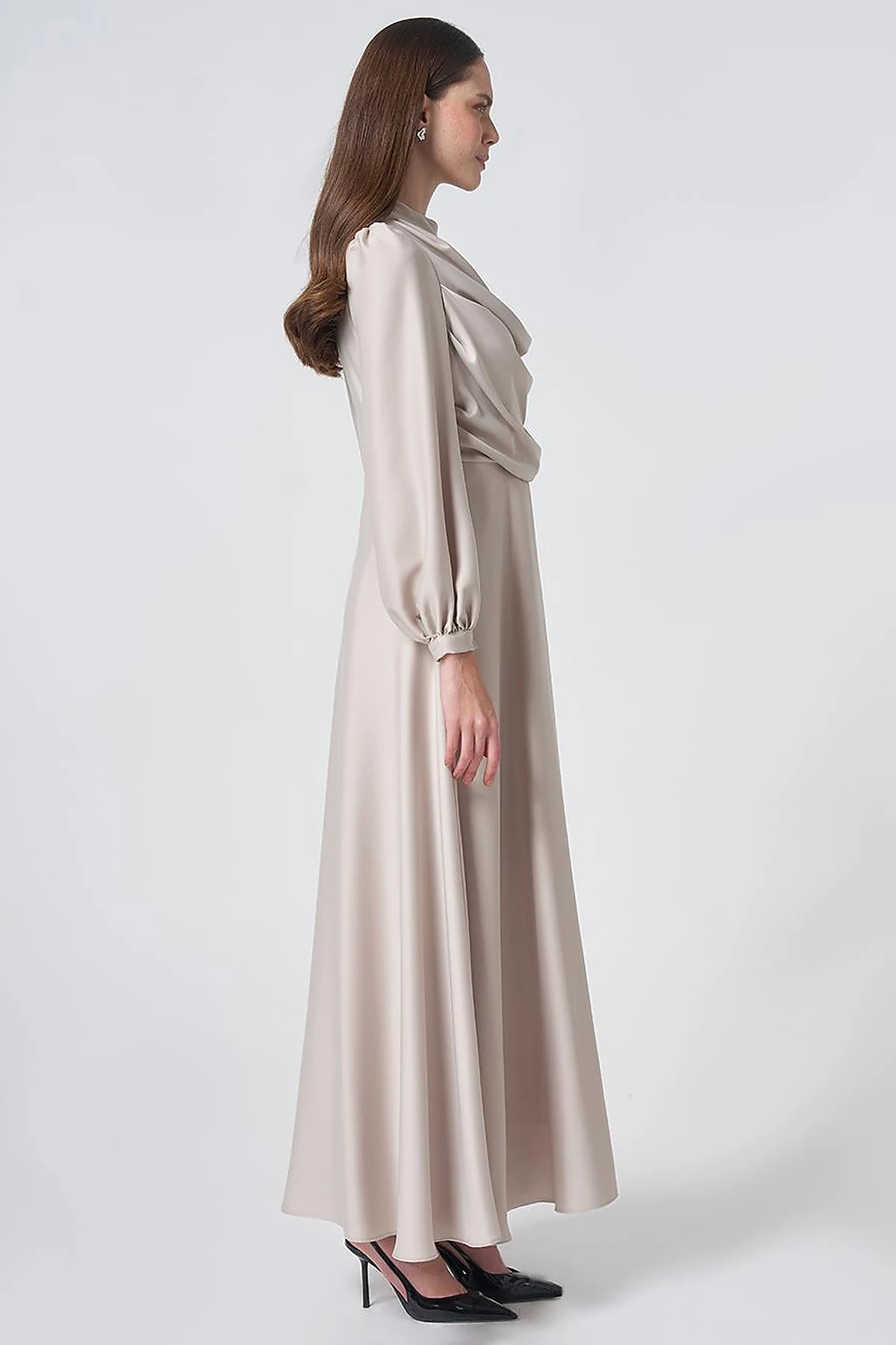 Cowl Neck Satin Dress – Stone