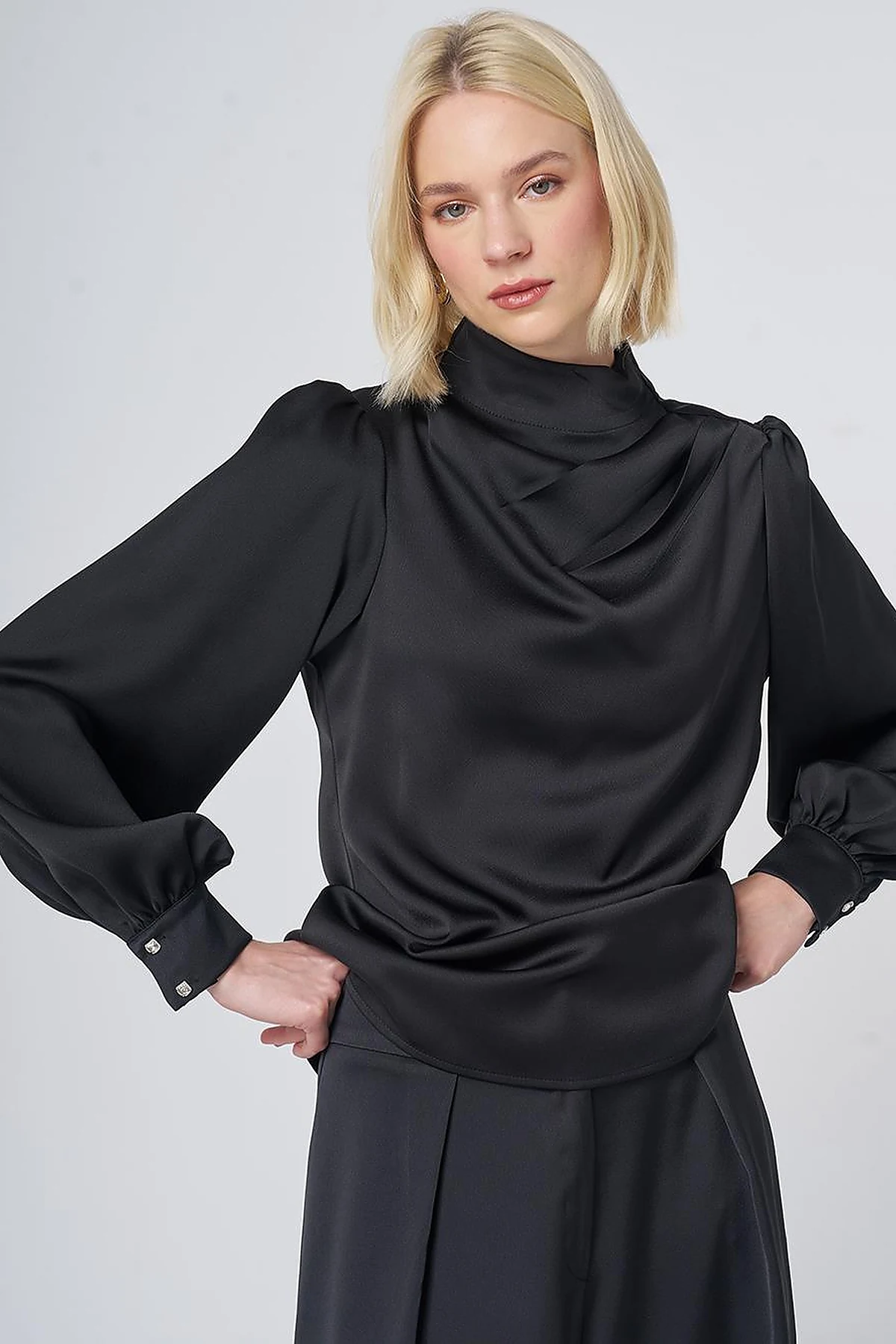 Stand Collar Satin Blouse – Black