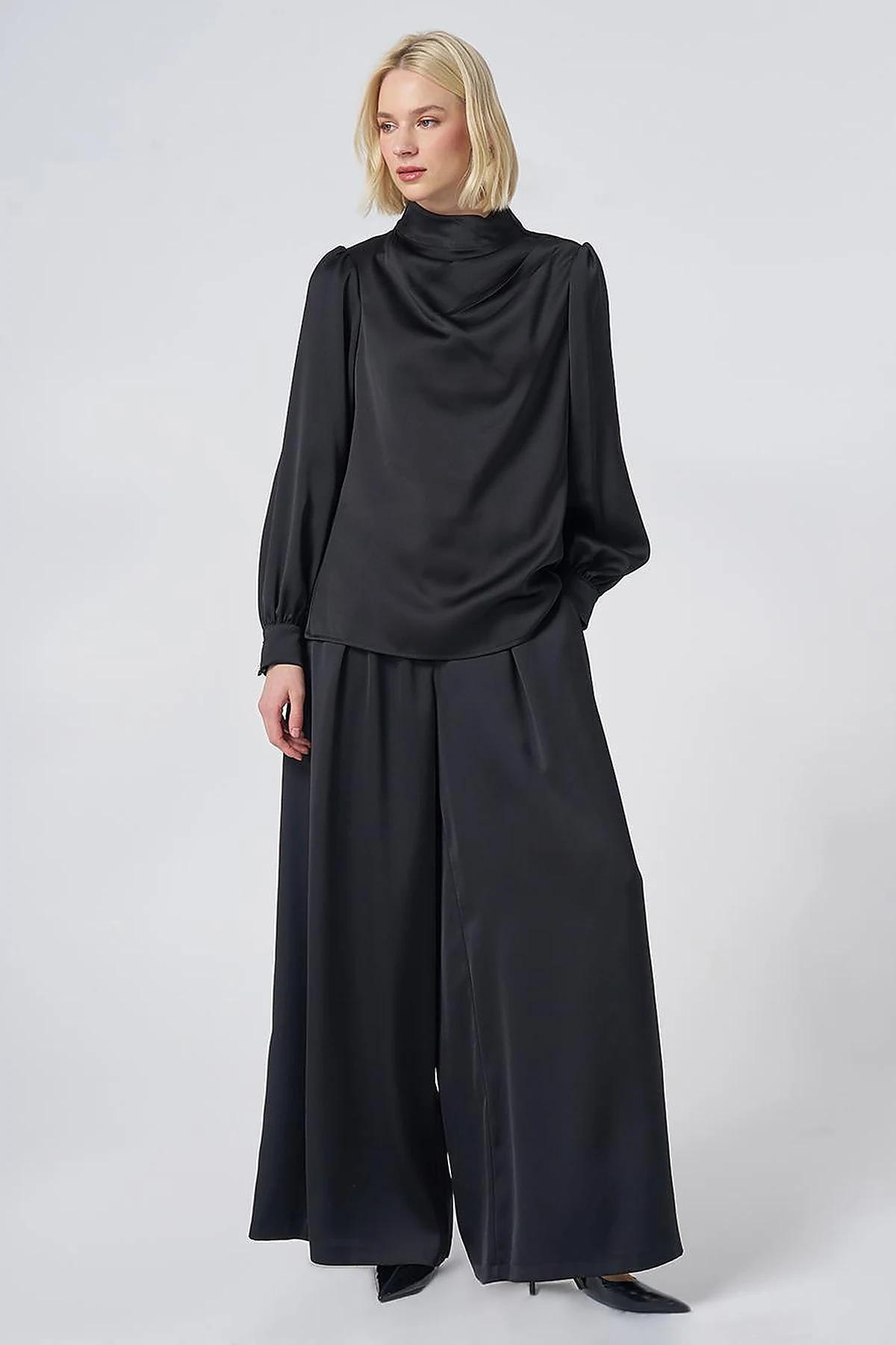 Stand Collar Satin Blouse – Black