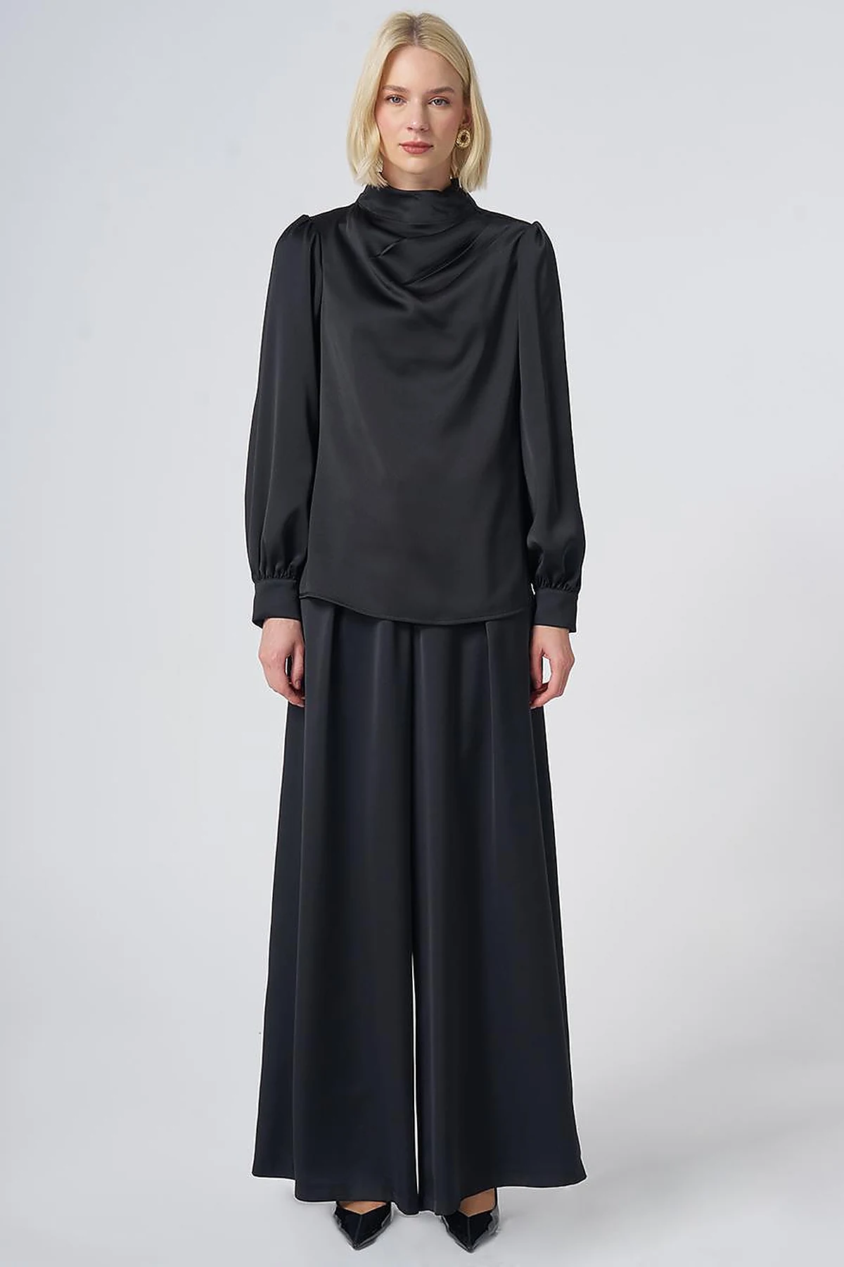 Stand Collar Satin Blouse – Black