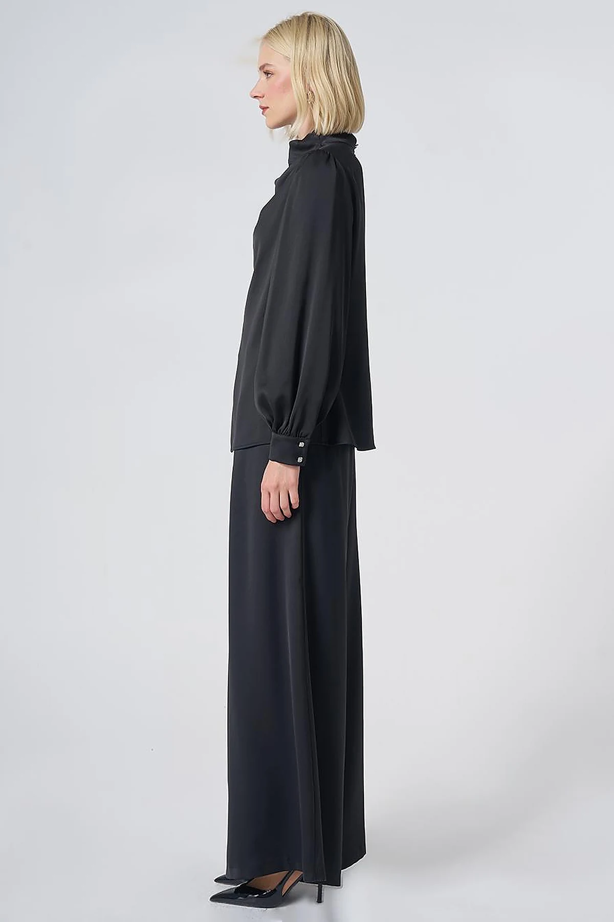 Stand Collar Satin Blouse – Black