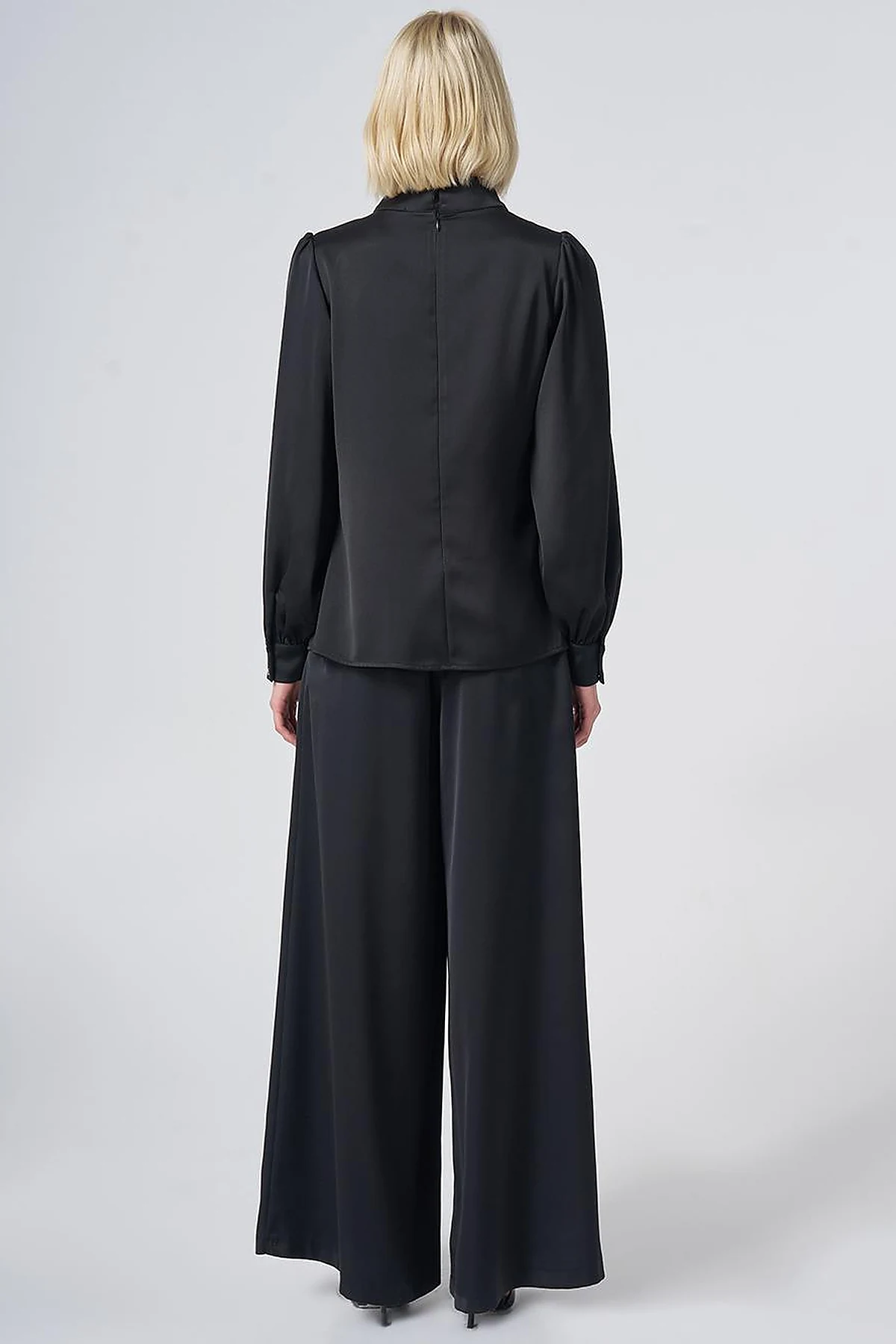 Stand Collar Satin Blouse – Black