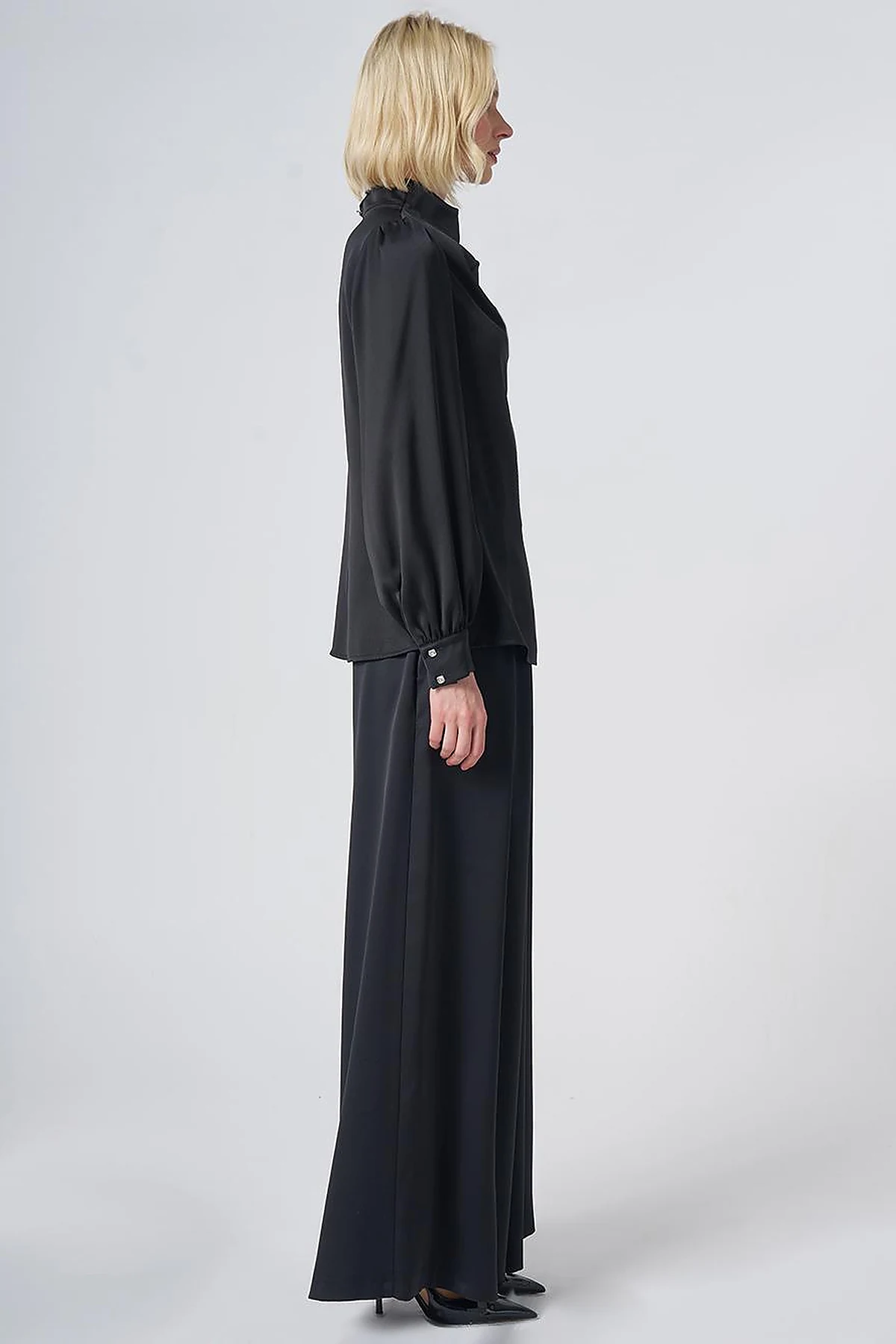 Stand Collar Satin Blouse – Black