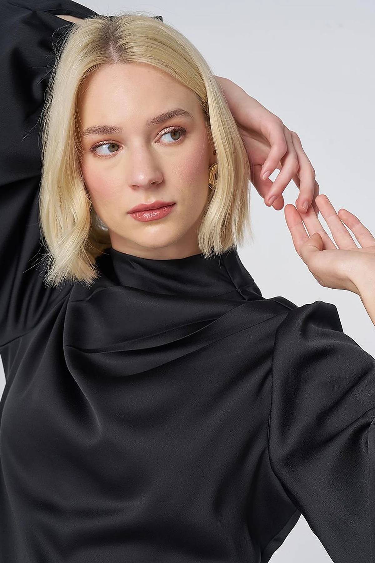 Stand Collar Satin Blouse – Black