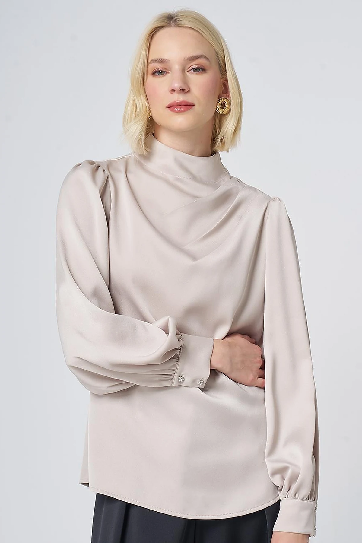 Stand Collar Satin Blouse – Stone