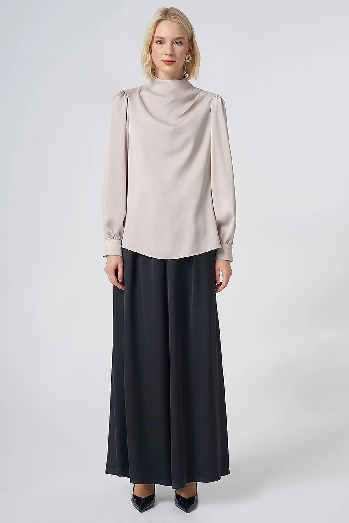 Stand Collar Satin Blouse – Stone