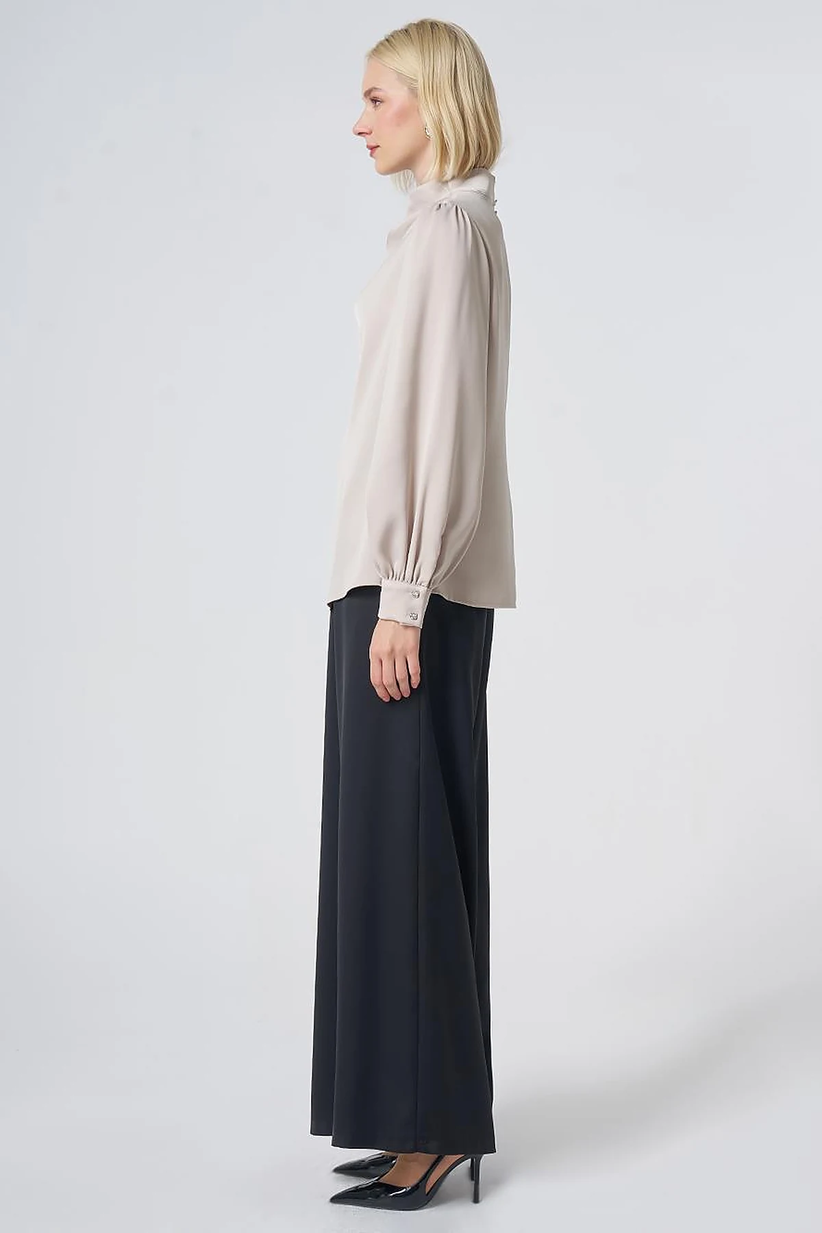 Stand Collar Satin Blouse – Stone