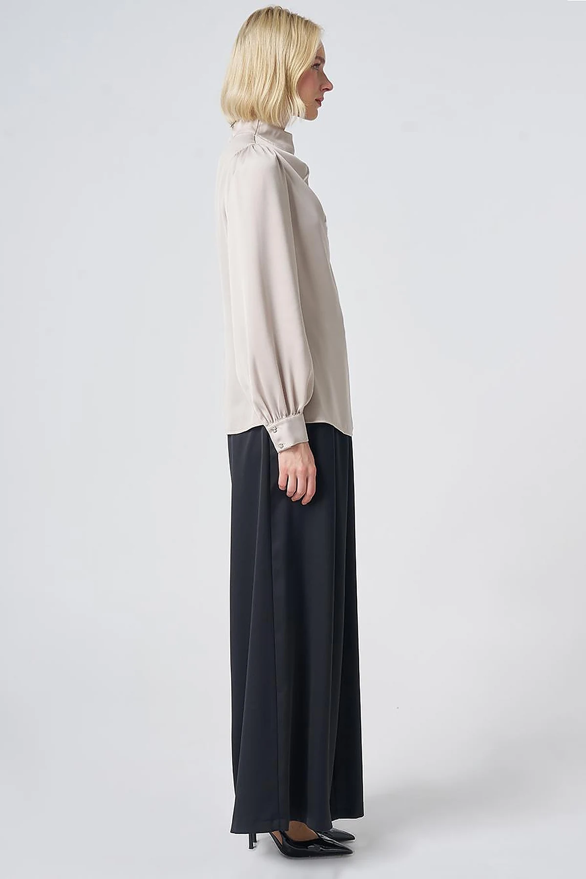 Stand Collar Satin Blouse – Stone